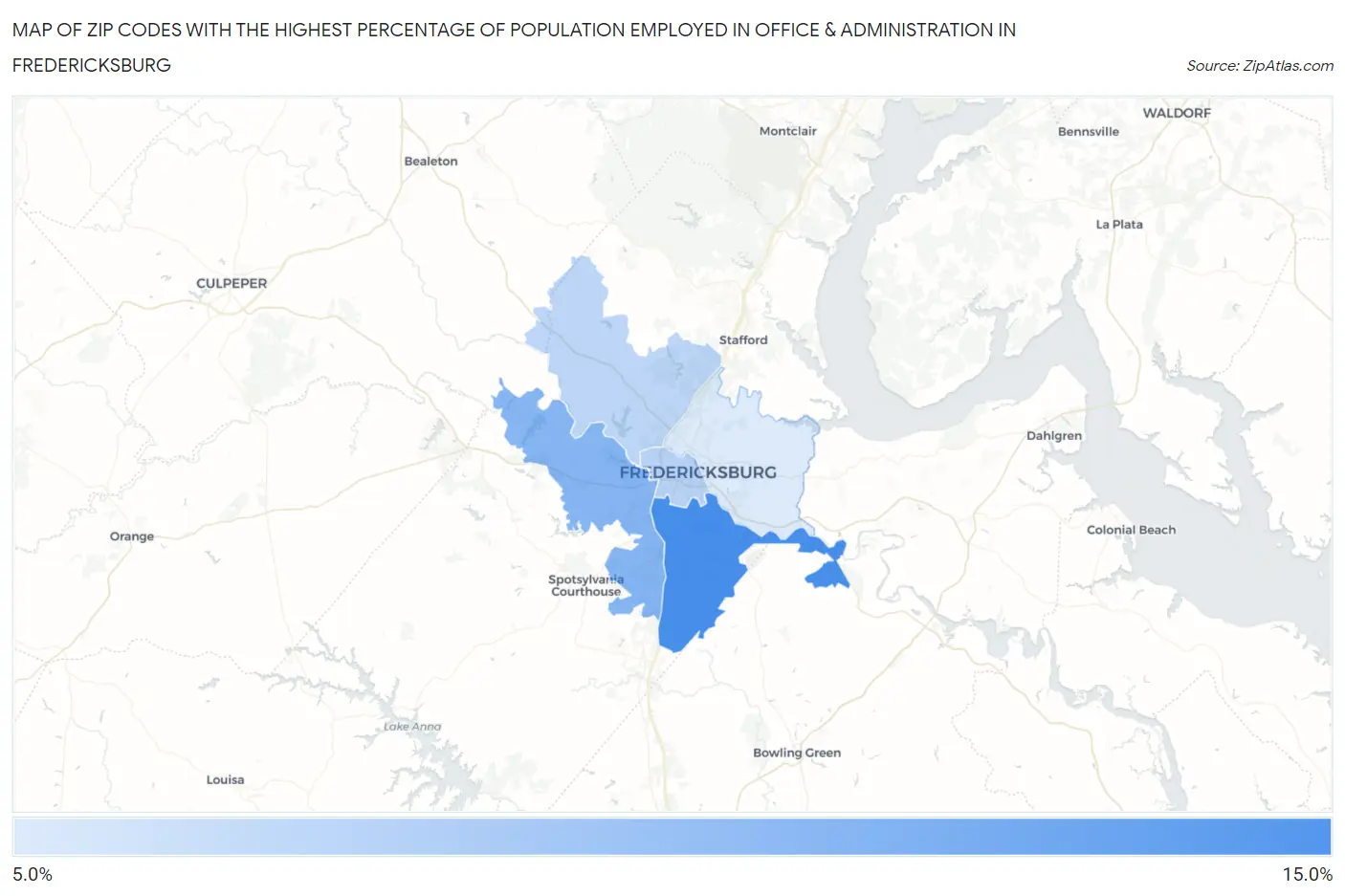 Zip Codes with the Highest Percentage of Population Employed in Office & Administration in Fredericksburg Map