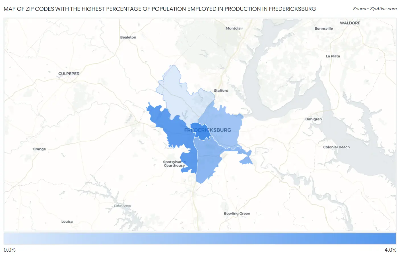Zip Codes with the Highest Percentage of Population Employed in Production in Fredericksburg Map