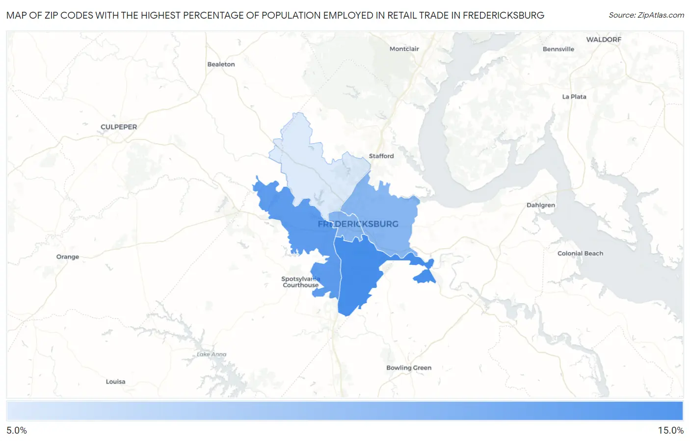 Zip Codes with the Highest Percentage of Population Employed in Retail Trade in Fredericksburg Map