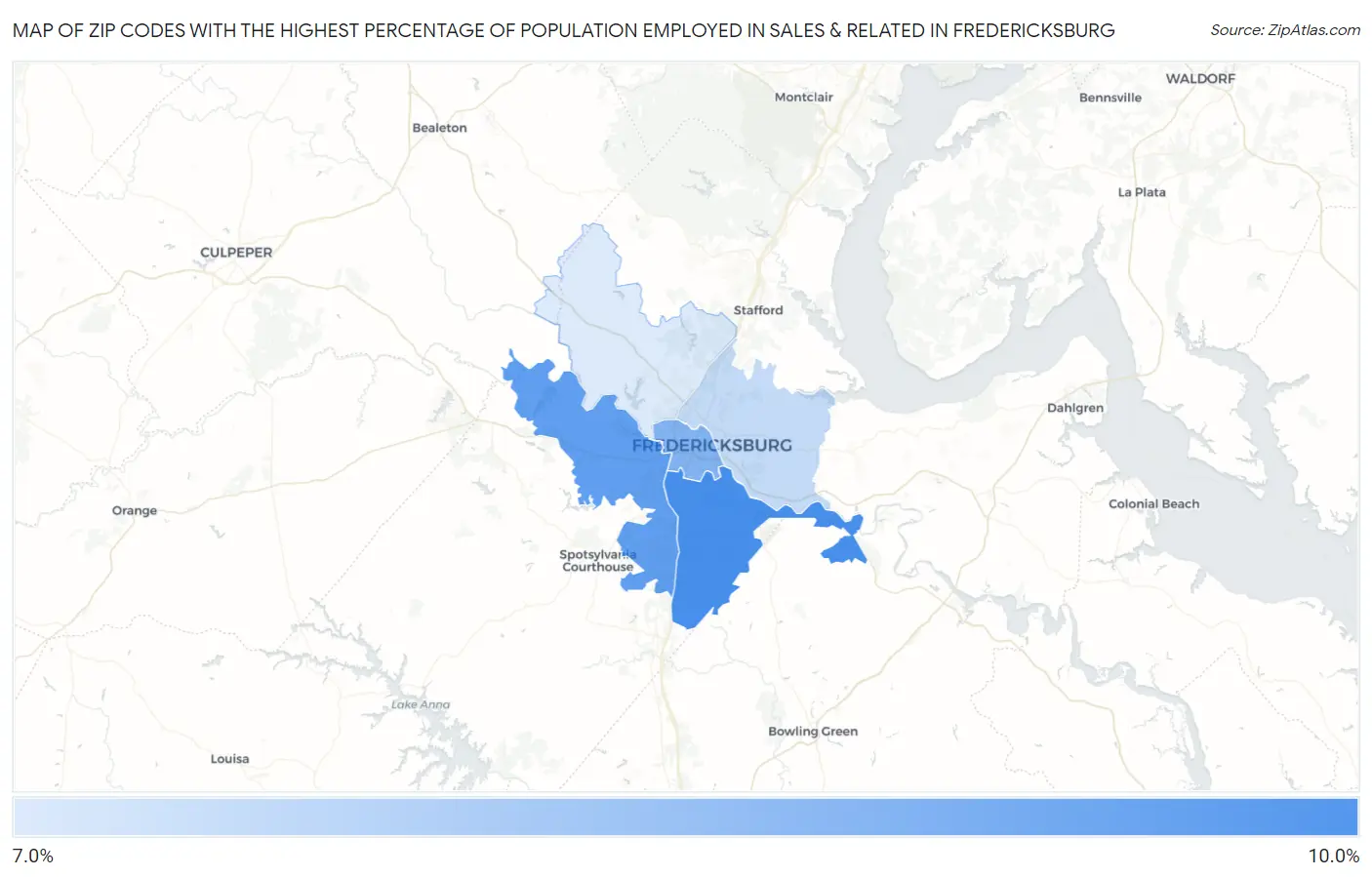Zip Codes with the Highest Percentage of Population Employed in Sales & Related in Fredericksburg Map