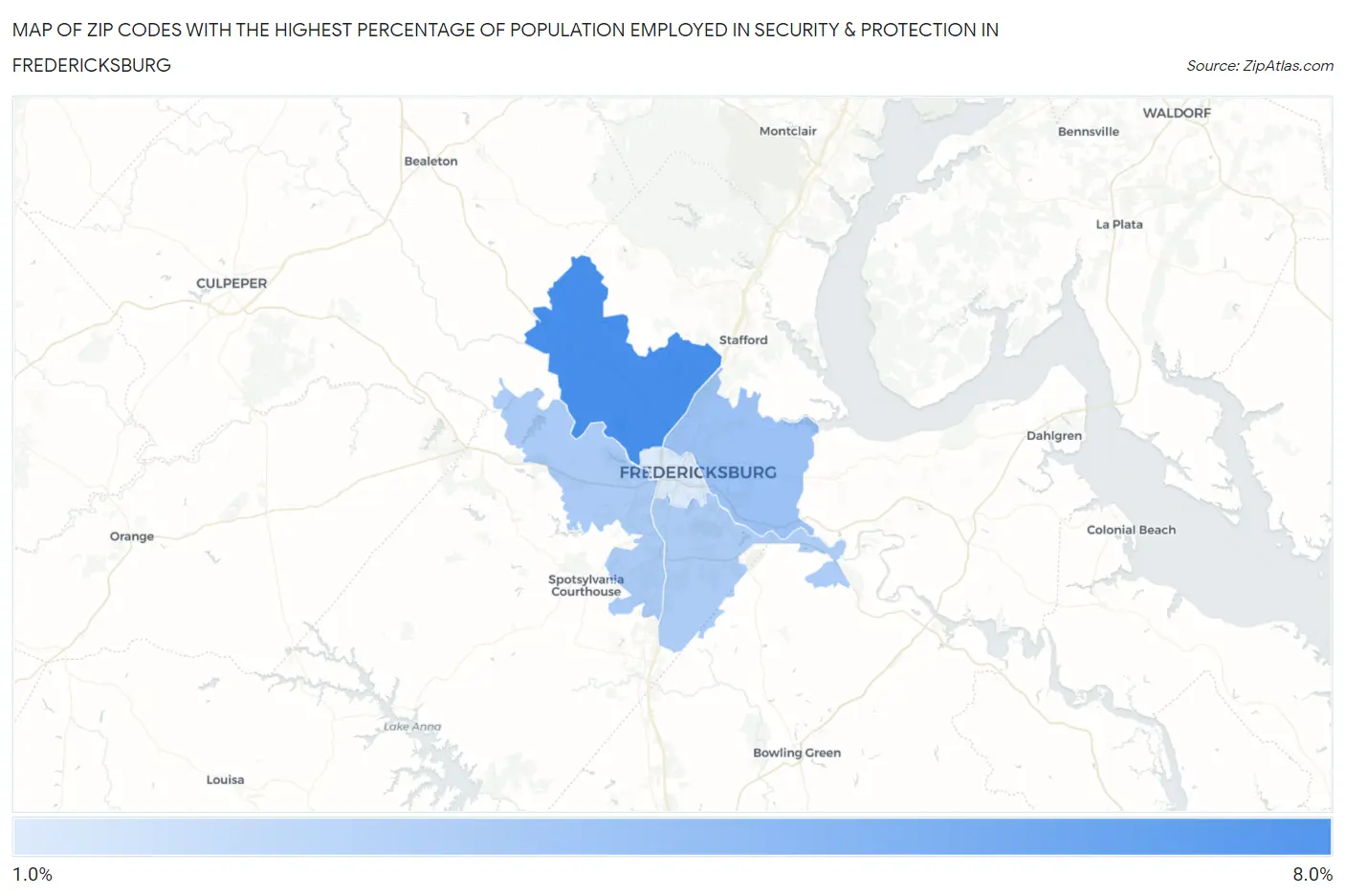 Zip Codes with the Highest Percentage of Population Employed in Security & Protection in Fredericksburg Map
