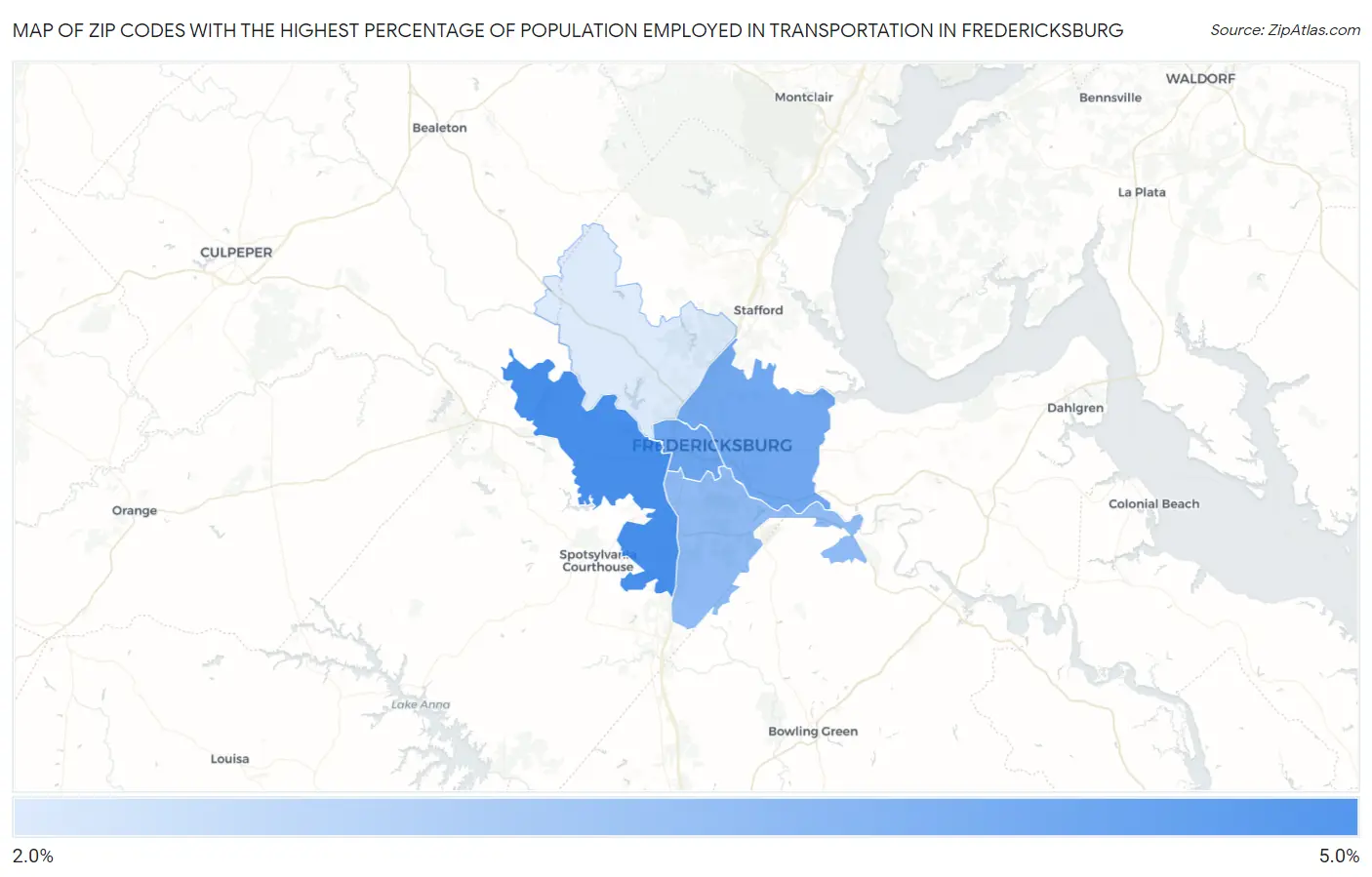 Zip Codes with the Highest Percentage of Population Employed in Transportation in Fredericksburg Map