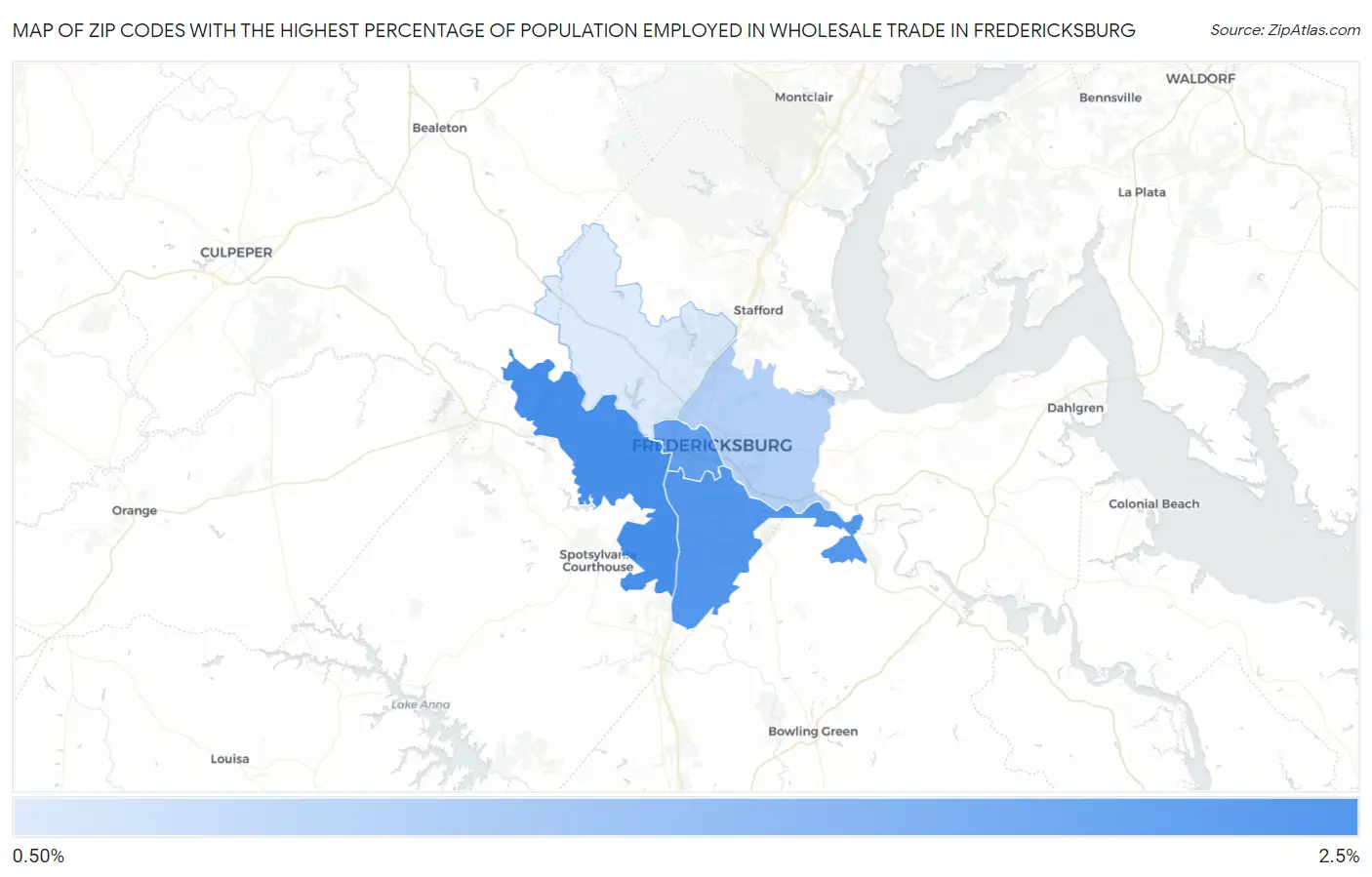 Zip Codes with the Highest Percentage of Population Employed in Wholesale Trade in Fredericksburg Map