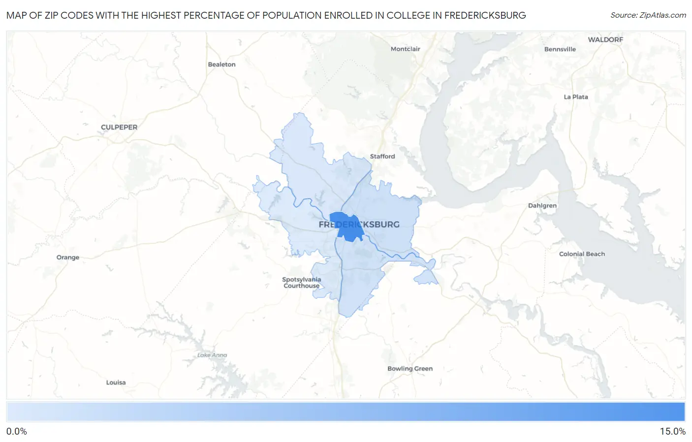 Zip Codes with the Highest Percentage of Population Enrolled in College in Fredericksburg Map