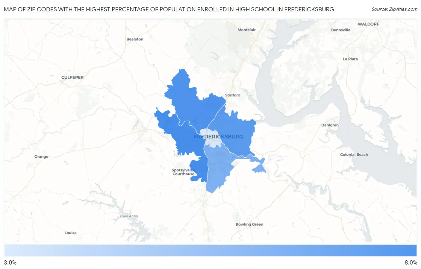 Zip Codes with the Highest Percentage of Population Enrolled in High School in Fredericksburg Map
