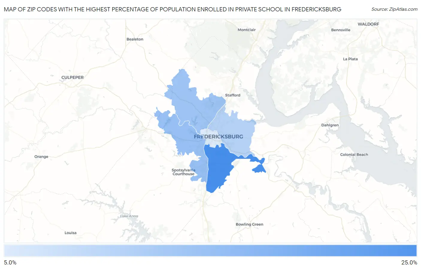 Zip Codes with the Highest Percentage of Population Enrolled in Private School in Fredericksburg Map