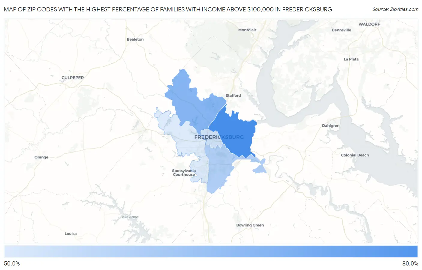 Zip Codes with the Highest Percentage of Families with Income Above $100,000 in Fredericksburg Map