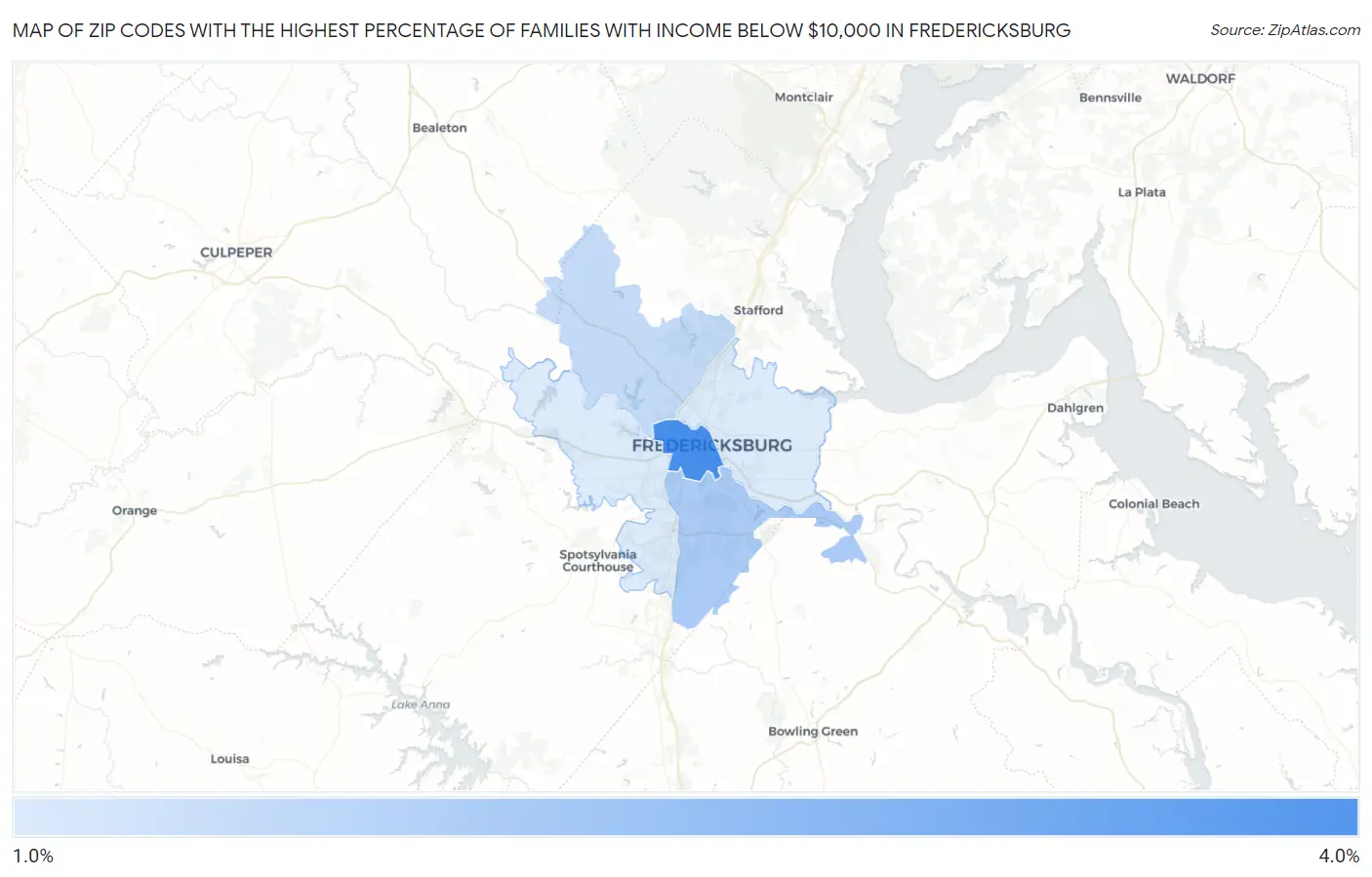 Zip Codes with the Highest Percentage of Families with Income Below $10,000 in Fredericksburg Map