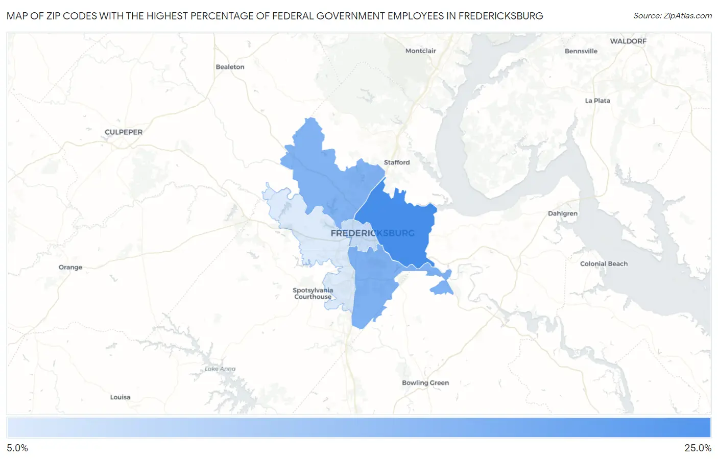 Zip Codes with the Highest Percentage of Federal Government Employees in Fredericksburg Map