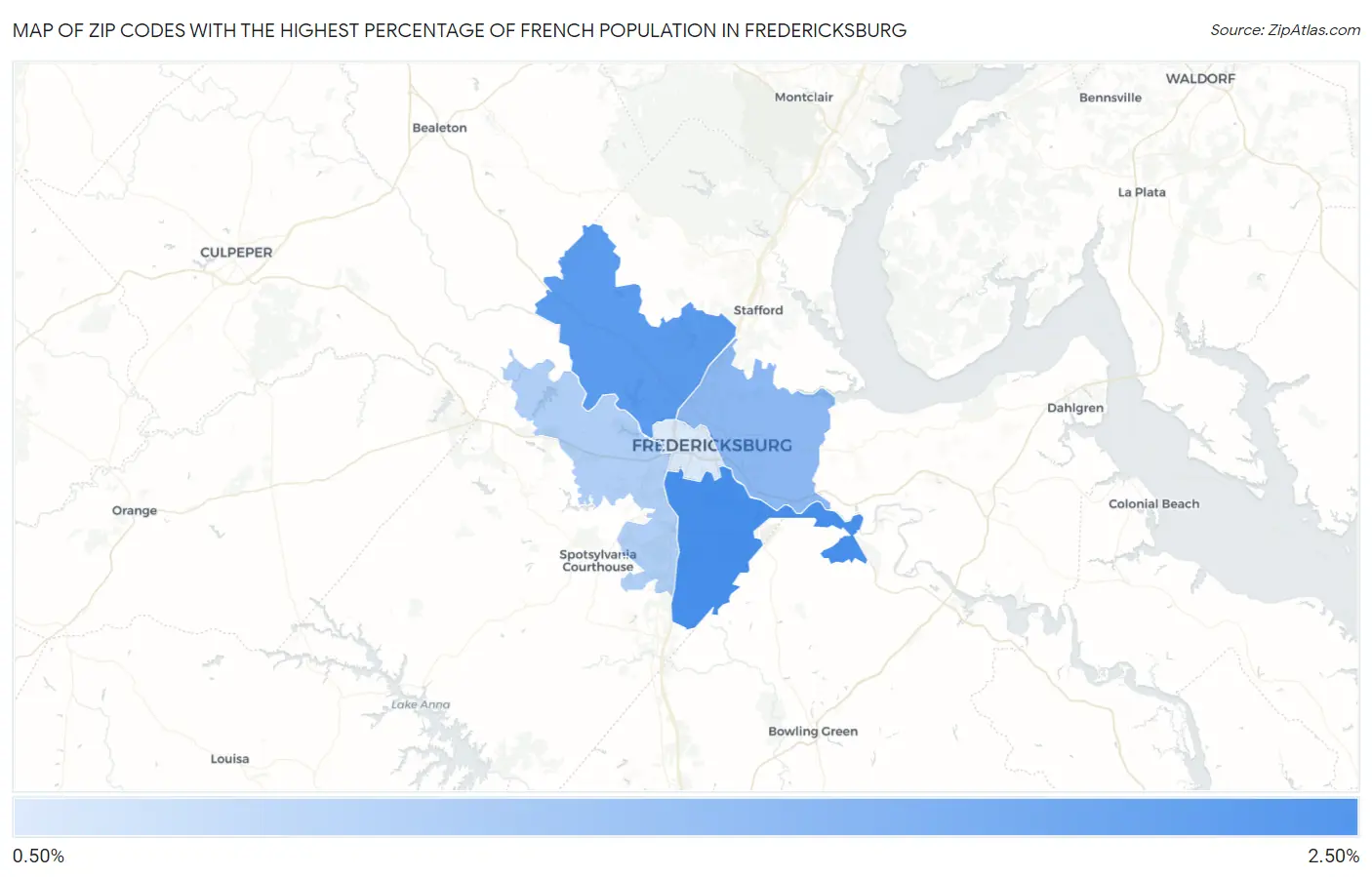 Zip Codes with the Highest Percentage of French Population in Fredericksburg Map