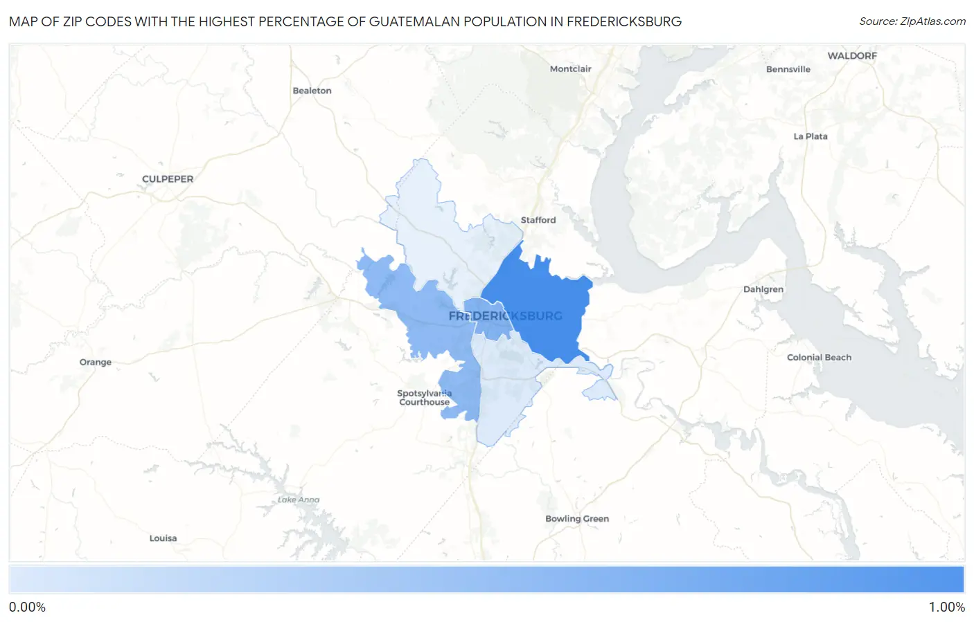 Zip Codes with the Highest Percentage of Guatemalan Population in Fredericksburg Map