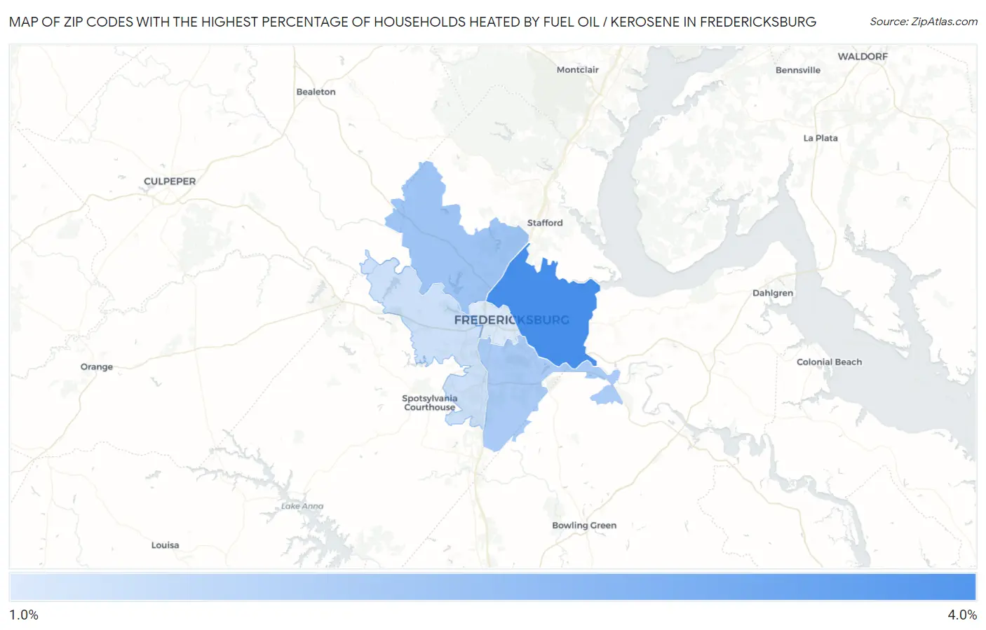 Zip Codes with the Highest Percentage of Households Heated by Fuel Oil / Kerosene in Fredericksburg Map