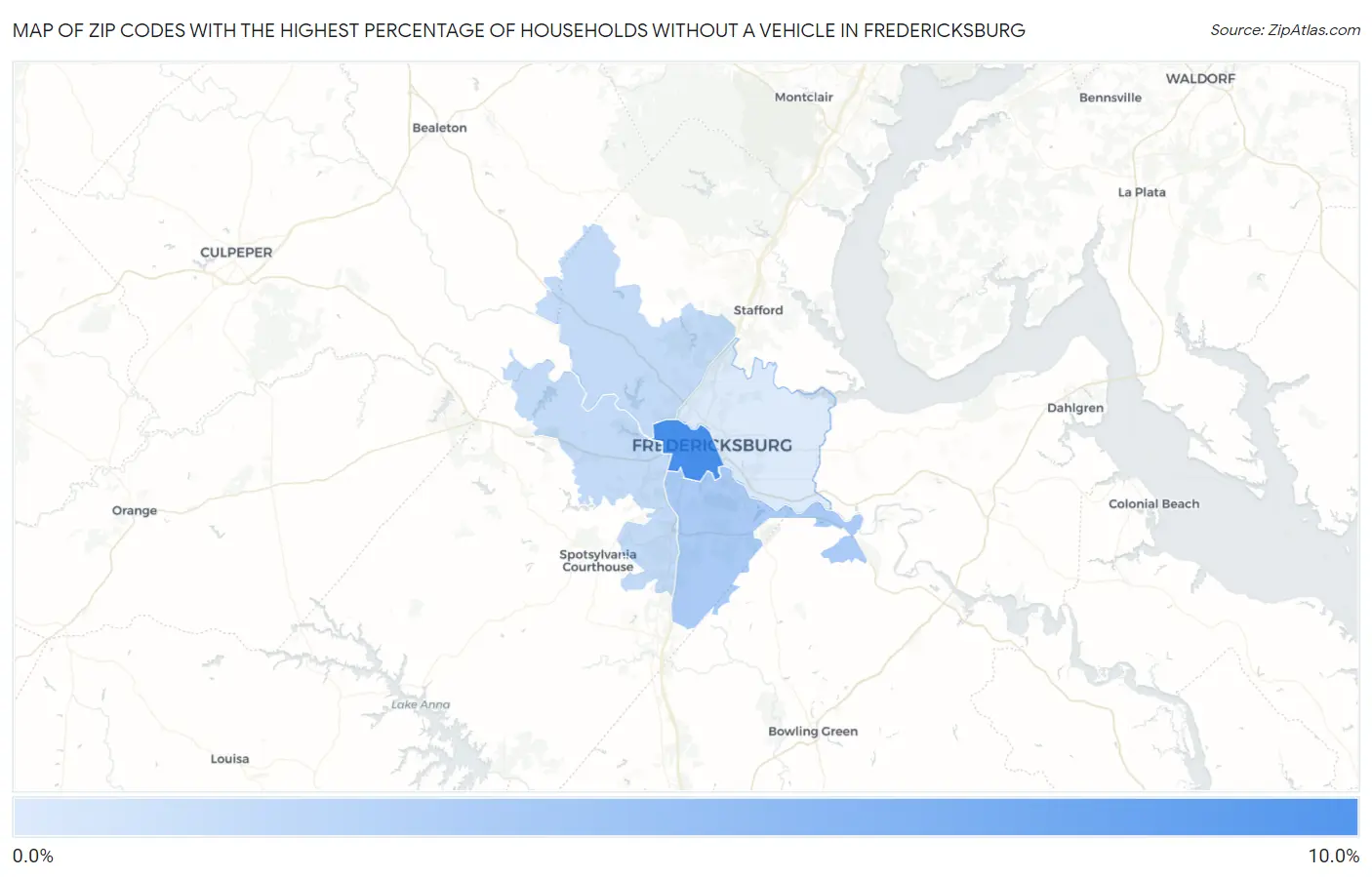 Zip Codes with the Highest Percentage of Households Without a Vehicle in Fredericksburg Map