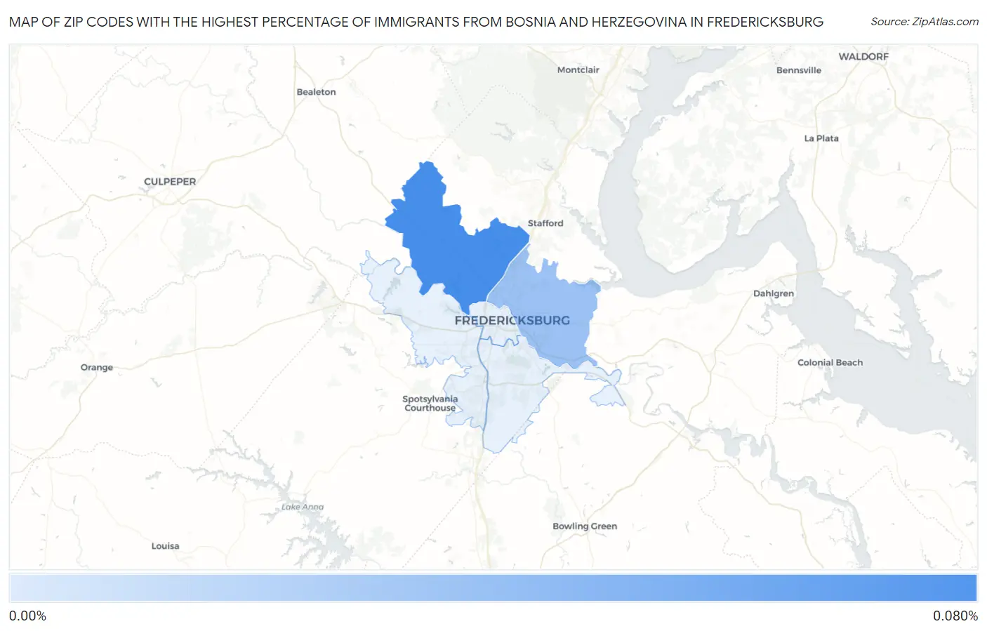 Zip Codes with the Highest Percentage of Immigrants from Bosnia and Herzegovina in Fredericksburg Map