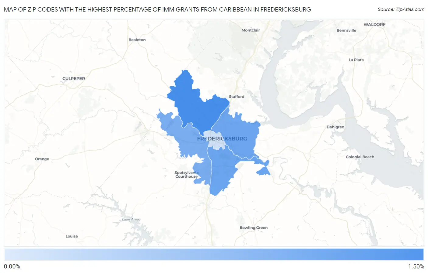 Zip Codes with the Highest Percentage of Immigrants from Caribbean in Fredericksburg Map