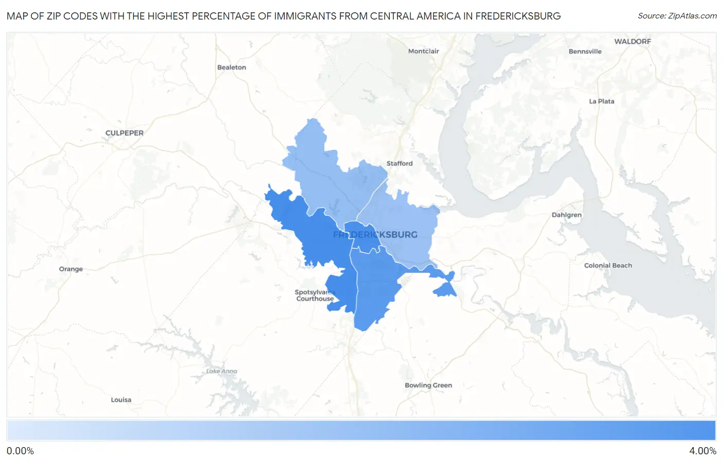 Zip Codes with the Highest Percentage of Immigrants from Central America in Fredericksburg Map