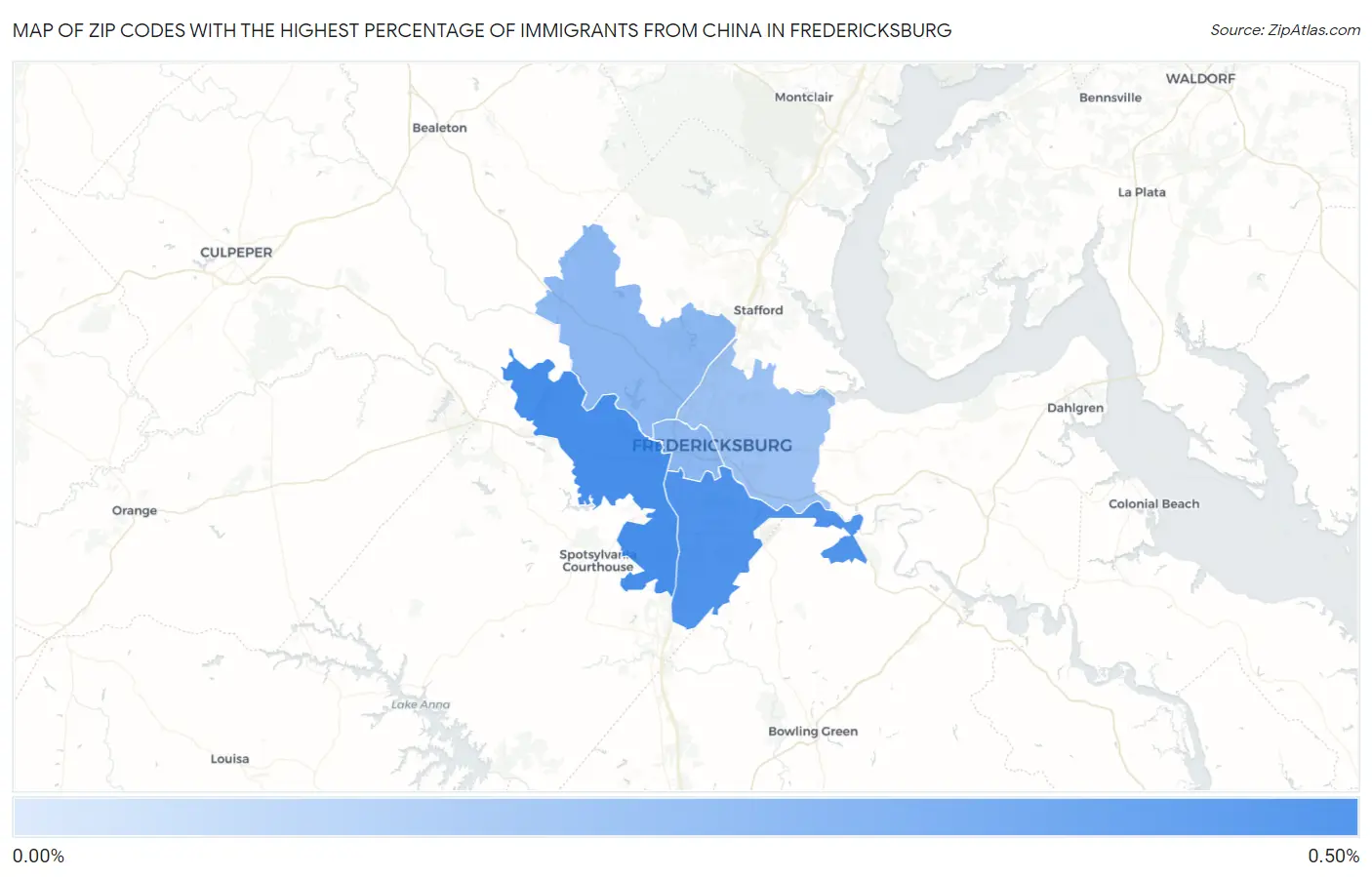 Zip Codes with the Highest Percentage of Immigrants from China in Fredericksburg Map