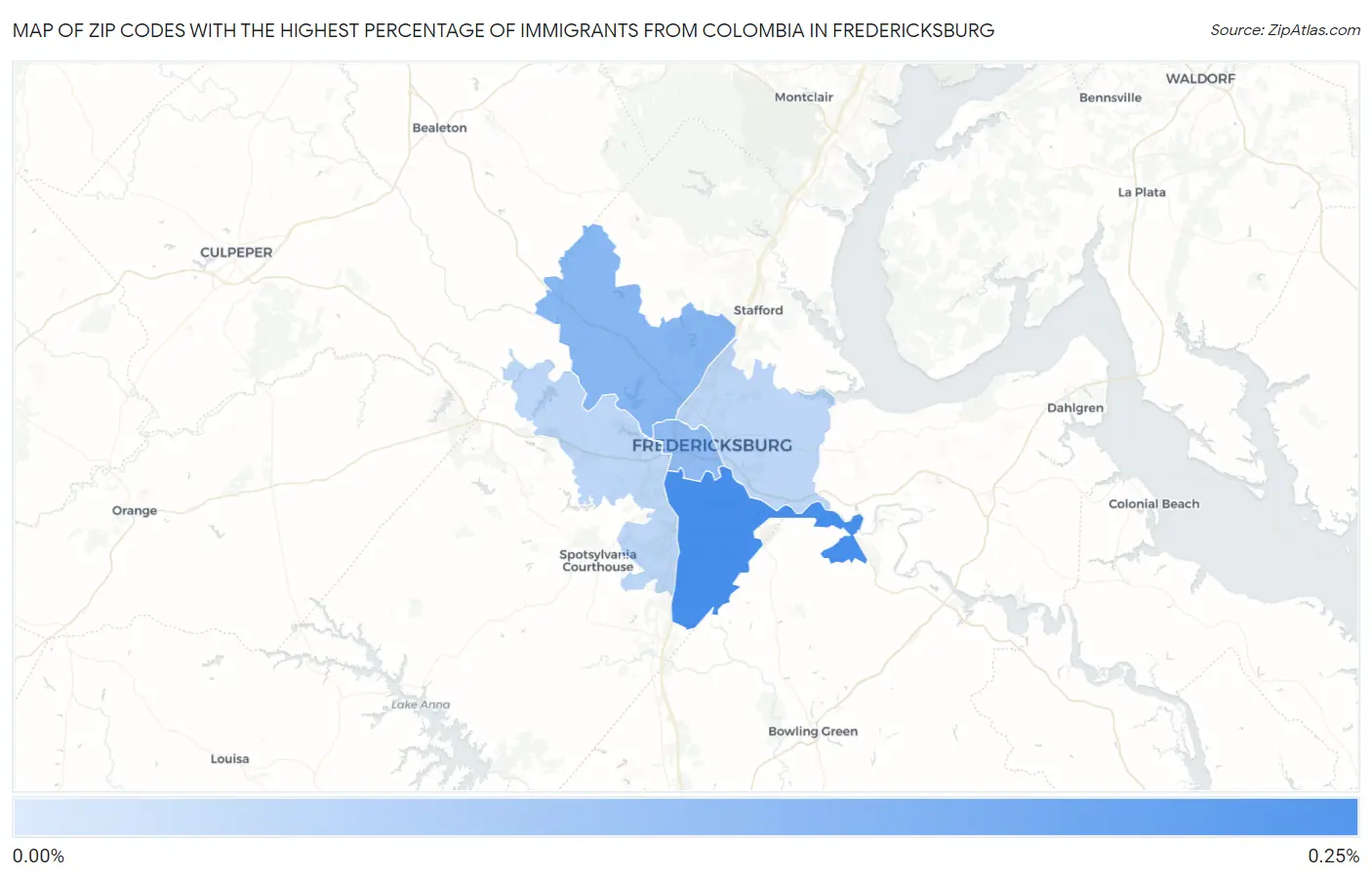 Zip Codes with the Highest Percentage of Immigrants from Colombia in Fredericksburg Map