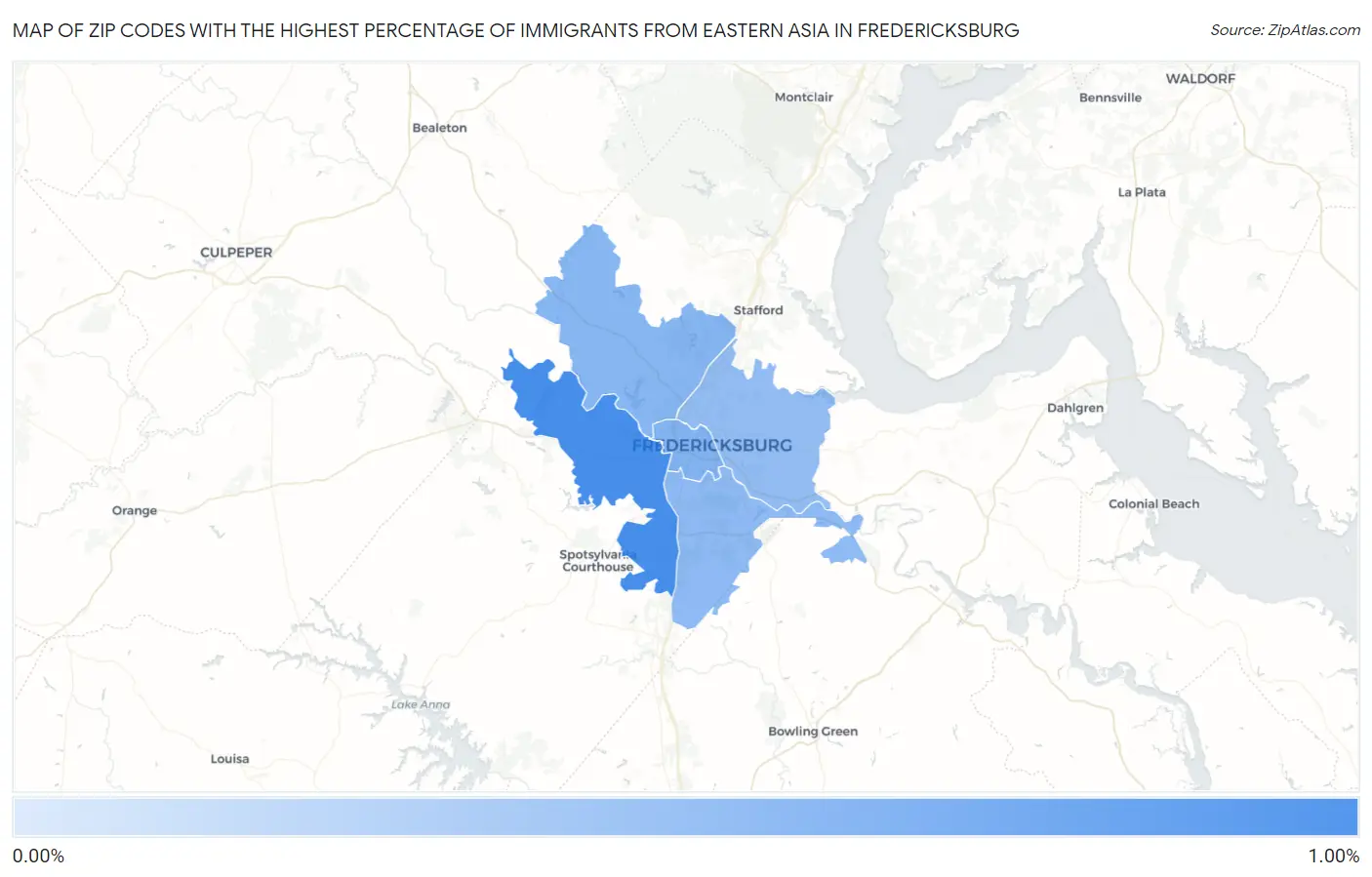 Zip Codes with the Highest Percentage of Immigrants from Eastern Asia in Fredericksburg Map