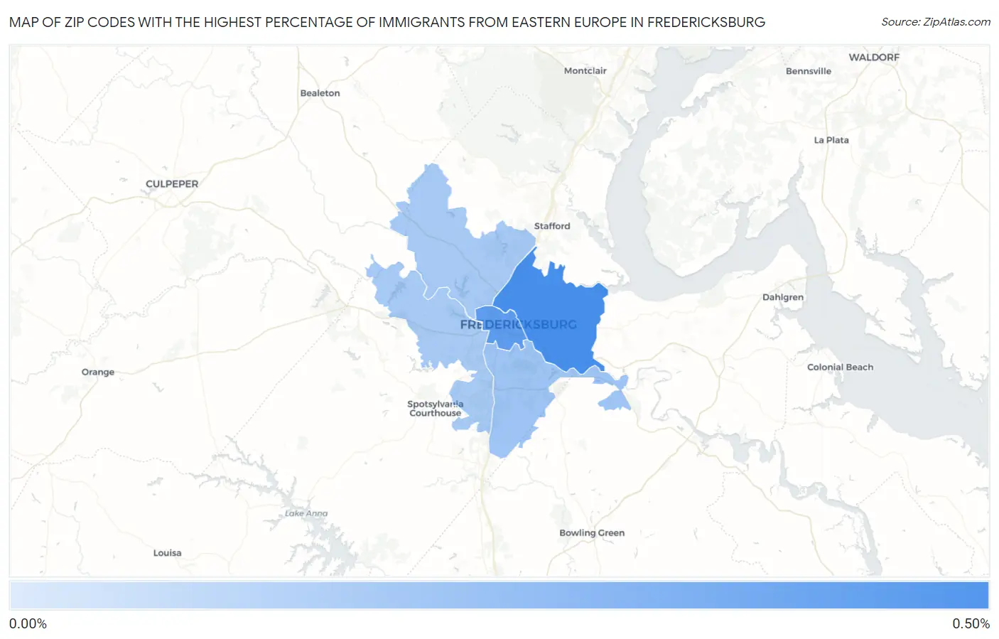 Zip Codes with the Highest Percentage of Immigrants from Eastern Europe in Fredericksburg Map