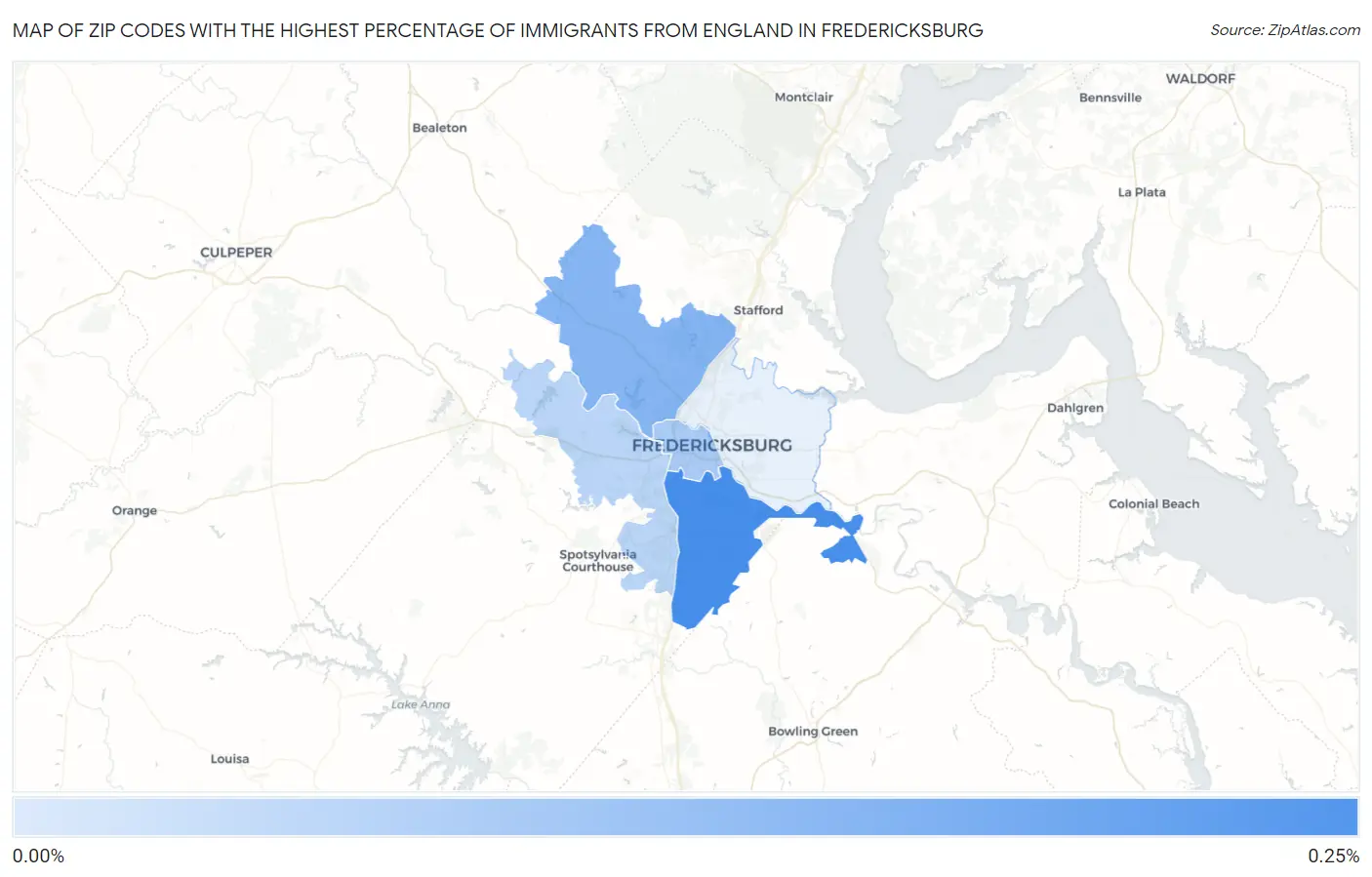 Zip Codes with the Highest Percentage of Immigrants from England in Fredericksburg Map