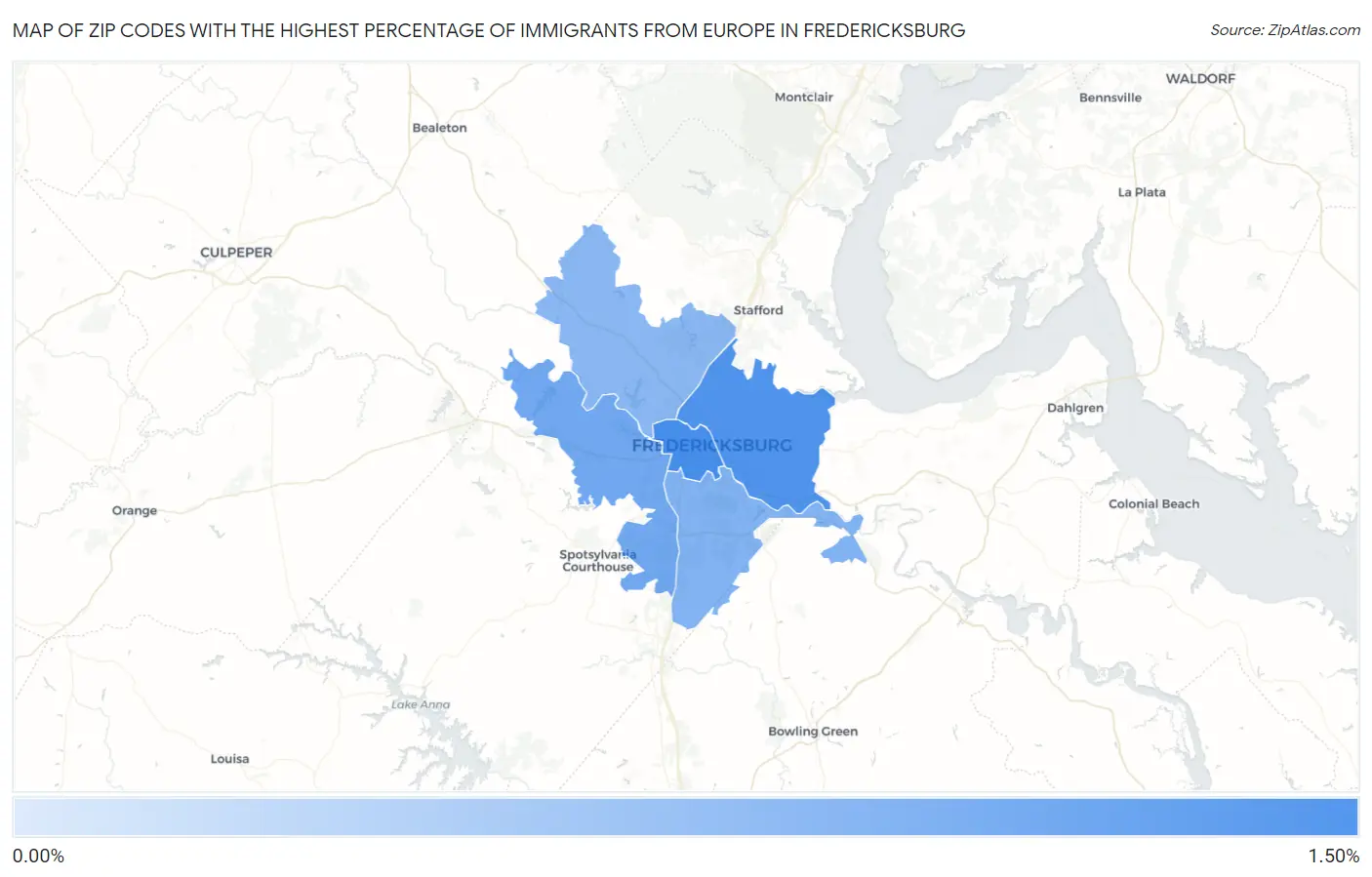Zip Codes with the Highest Percentage of Immigrants from Europe in Fredericksburg Map