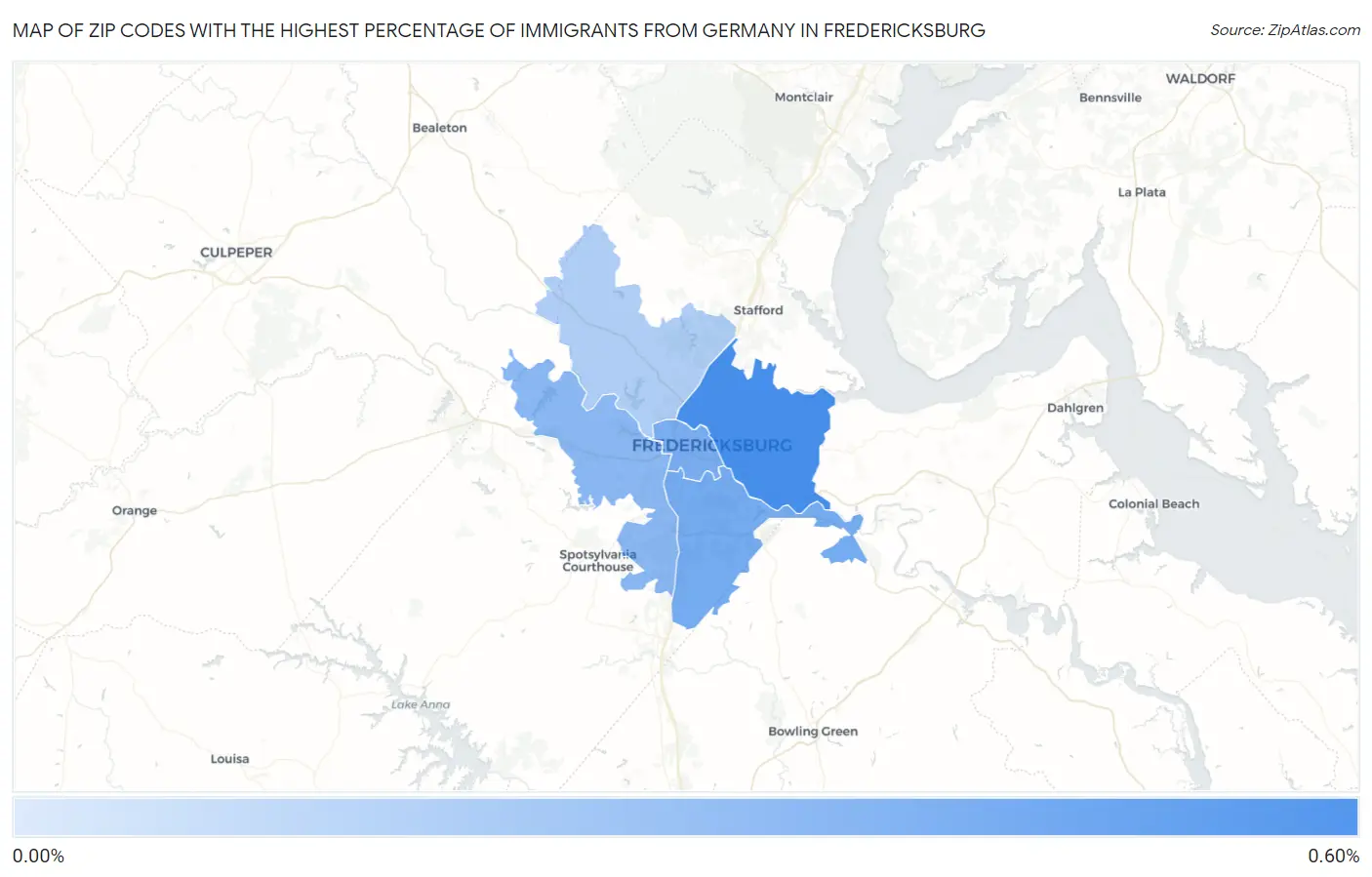 Zip Codes with the Highest Percentage of Immigrants from Germany in Fredericksburg Map