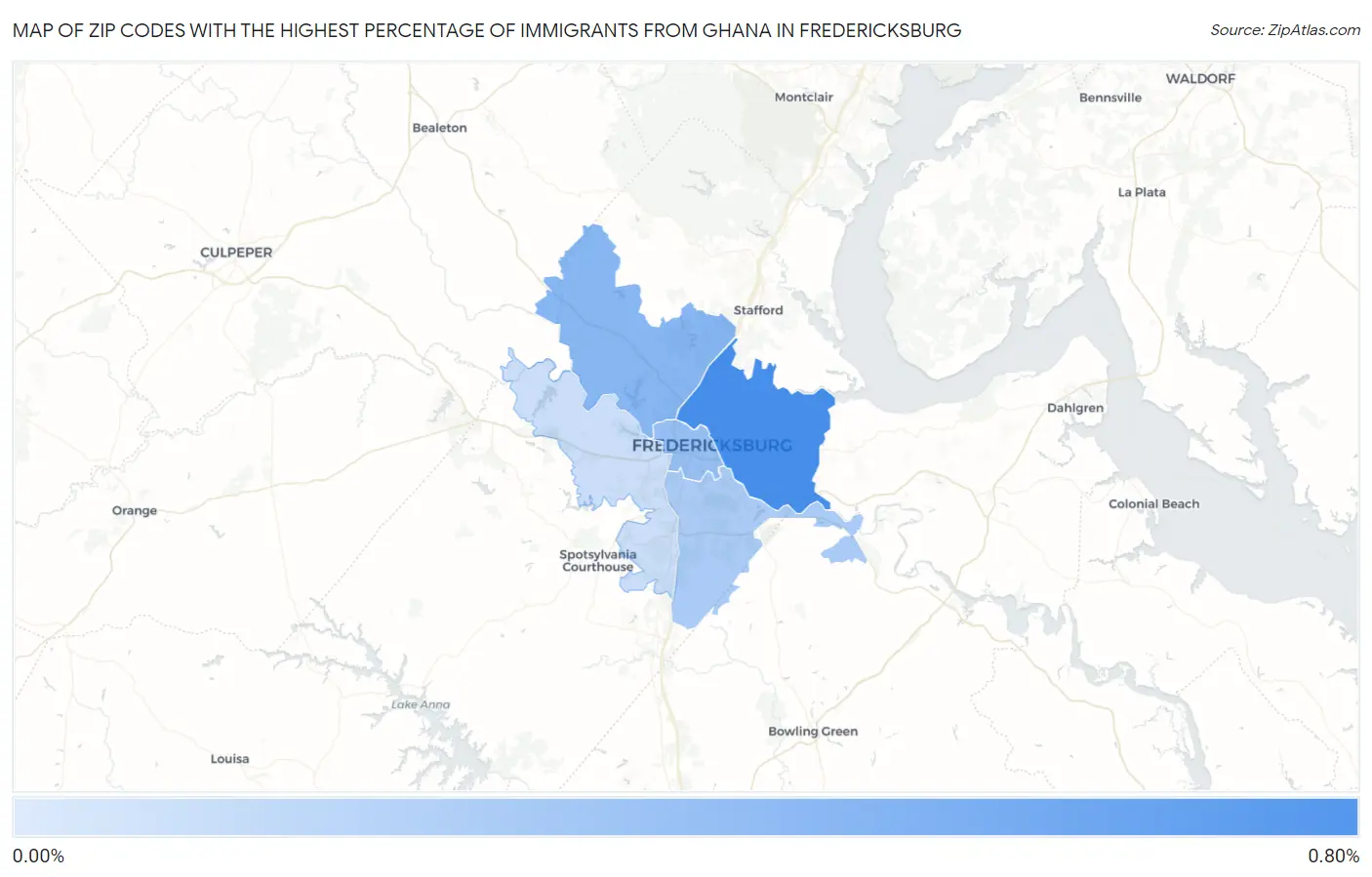 Zip Codes with the Highest Percentage of Immigrants from Ghana in Fredericksburg Map