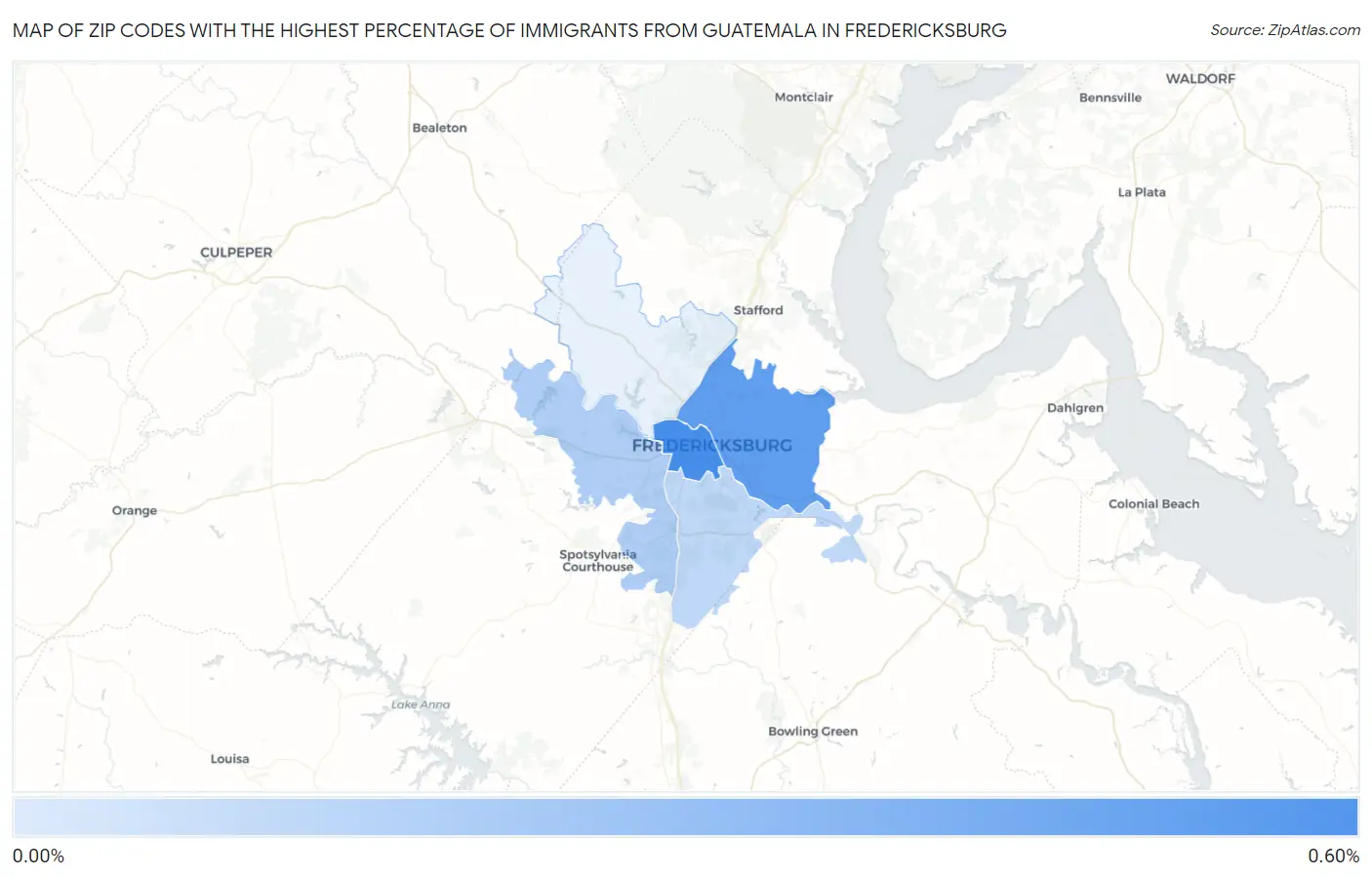 Zip Codes with the Highest Percentage of Immigrants from Guatemala in Fredericksburg Map