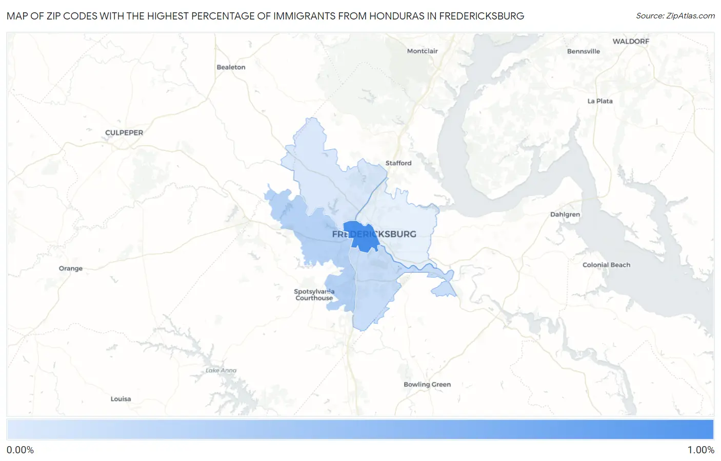 Zip Codes with the Highest Percentage of Immigrants from Honduras in Fredericksburg Map