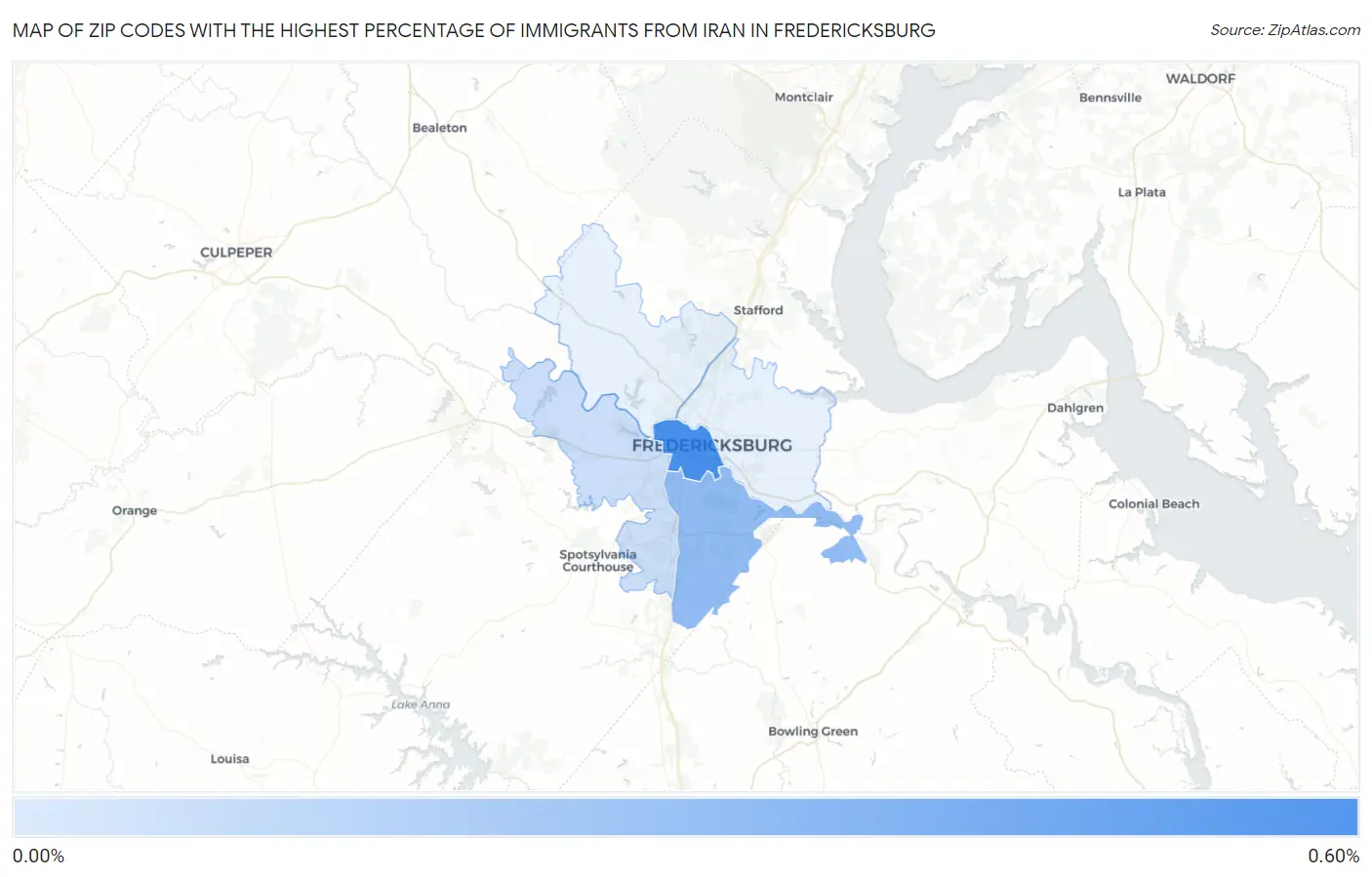 Zip Codes with the Highest Percentage of Immigrants from Iran in Fredericksburg Map