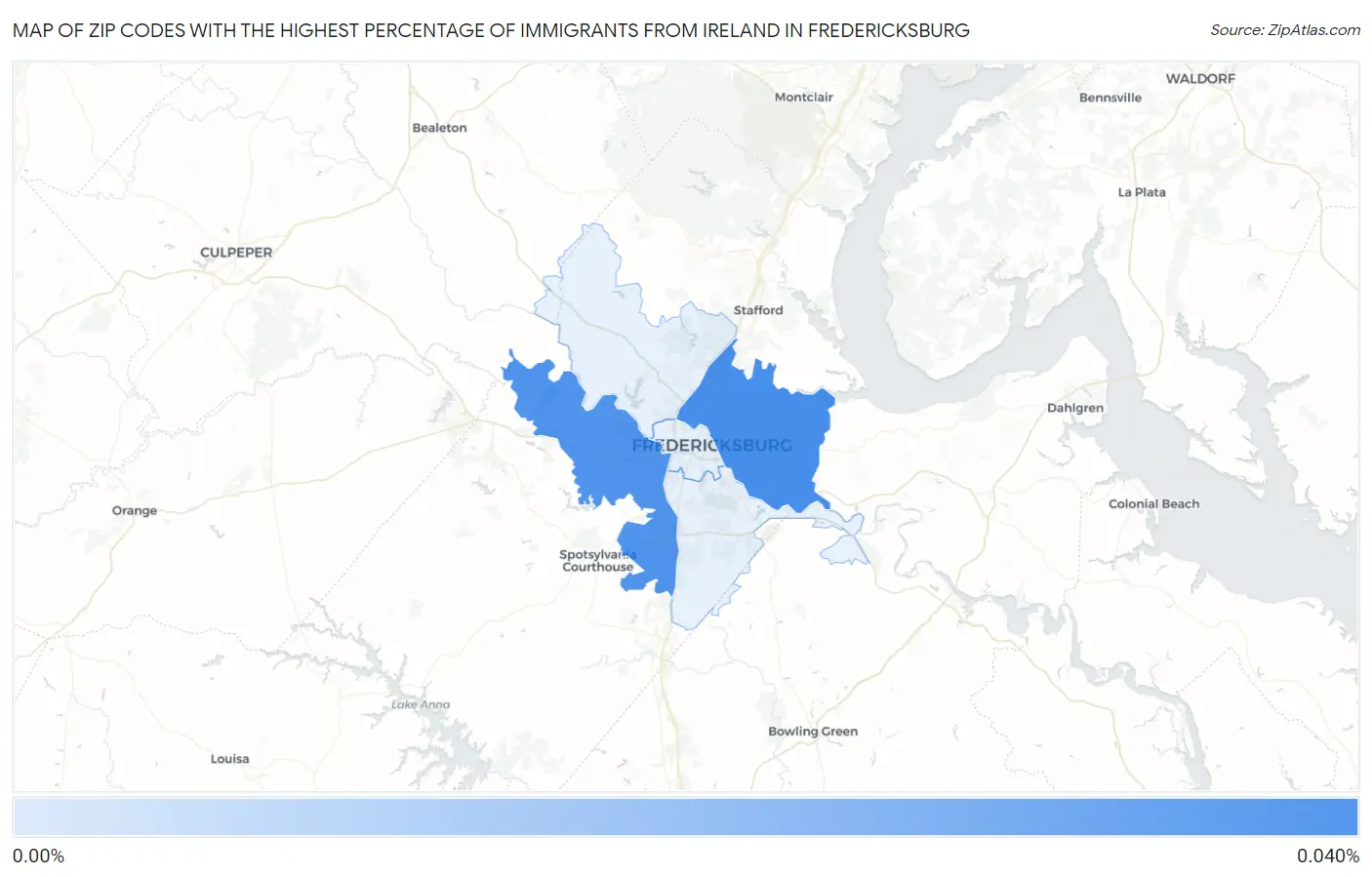 Zip Codes with the Highest Percentage of Immigrants from Ireland in Fredericksburg Map