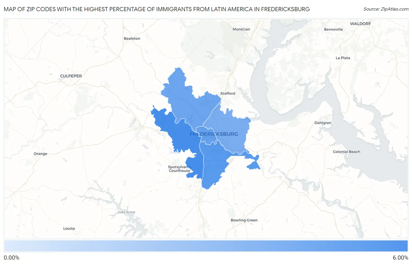 Zip Codes with the Highest Percentage of Immigrants from Latin America in Fredericksburg Map
