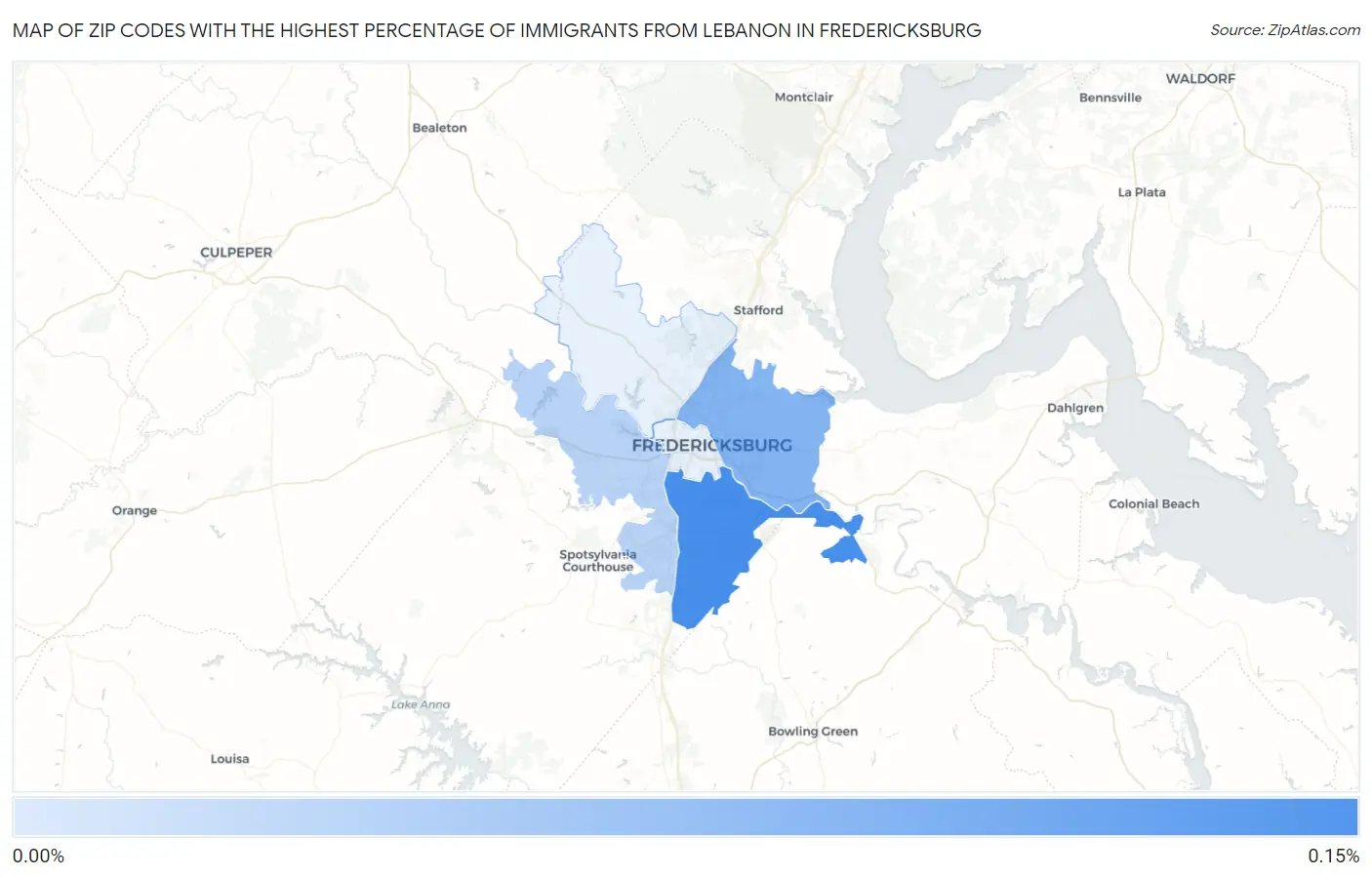 Zip Codes with the Highest Percentage of Immigrants from Lebanon in Fredericksburg Map