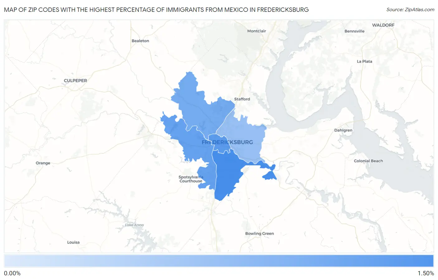 Zip Codes with the Highest Percentage of Immigrants from Mexico in Fredericksburg Map