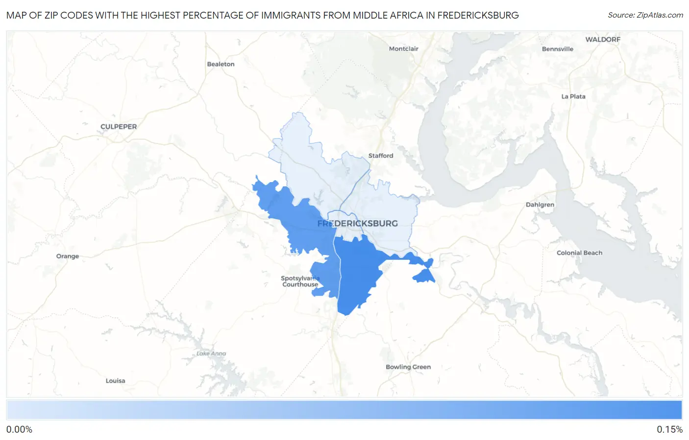 Zip Codes with the Highest Percentage of Immigrants from Middle Africa in Fredericksburg Map
