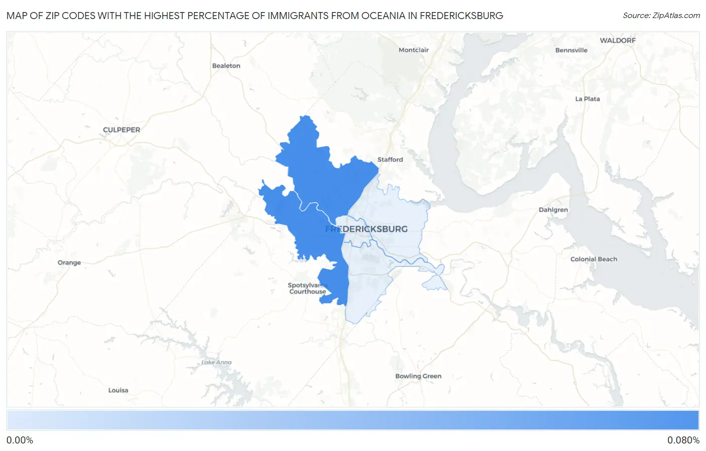 Zip Codes with the Highest Percentage of Immigrants from Oceania in Fredericksburg Map