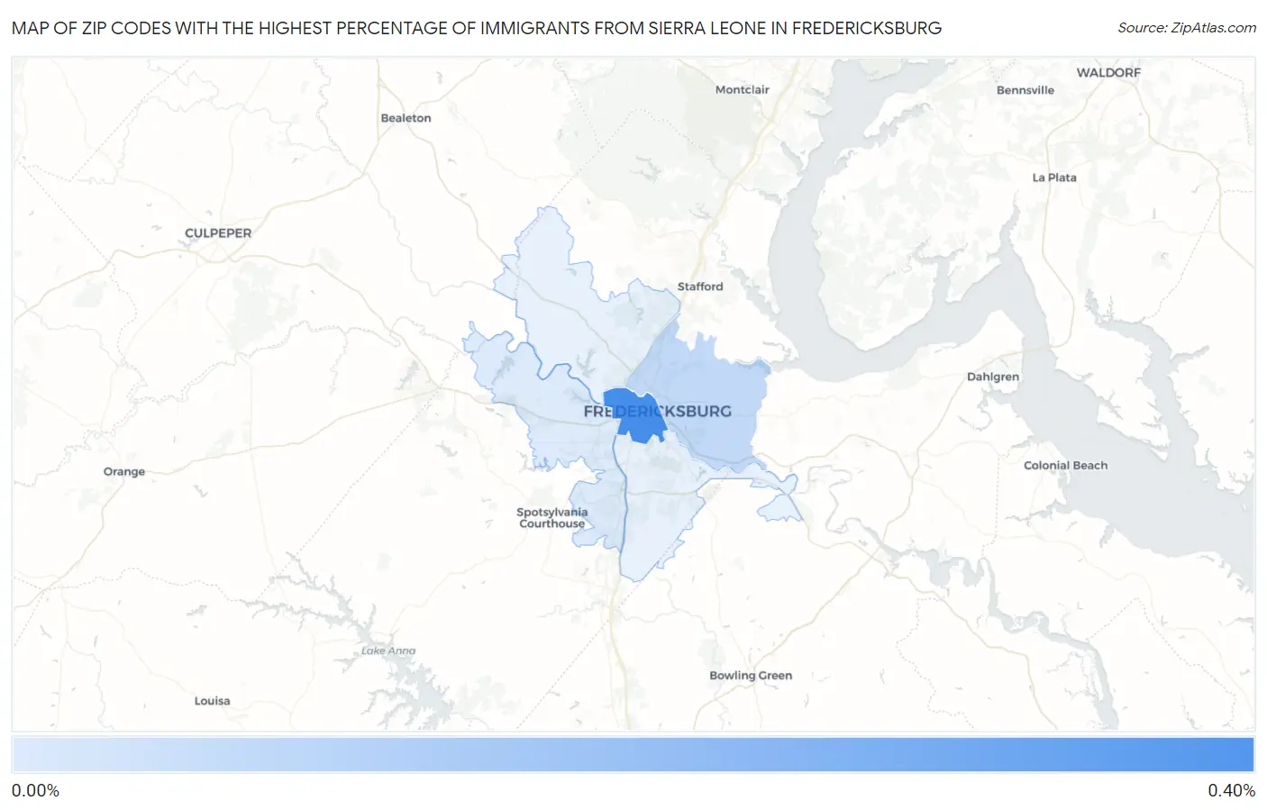 Zip Codes with the Highest Percentage of Immigrants from Sierra Leone in Fredericksburg Map
