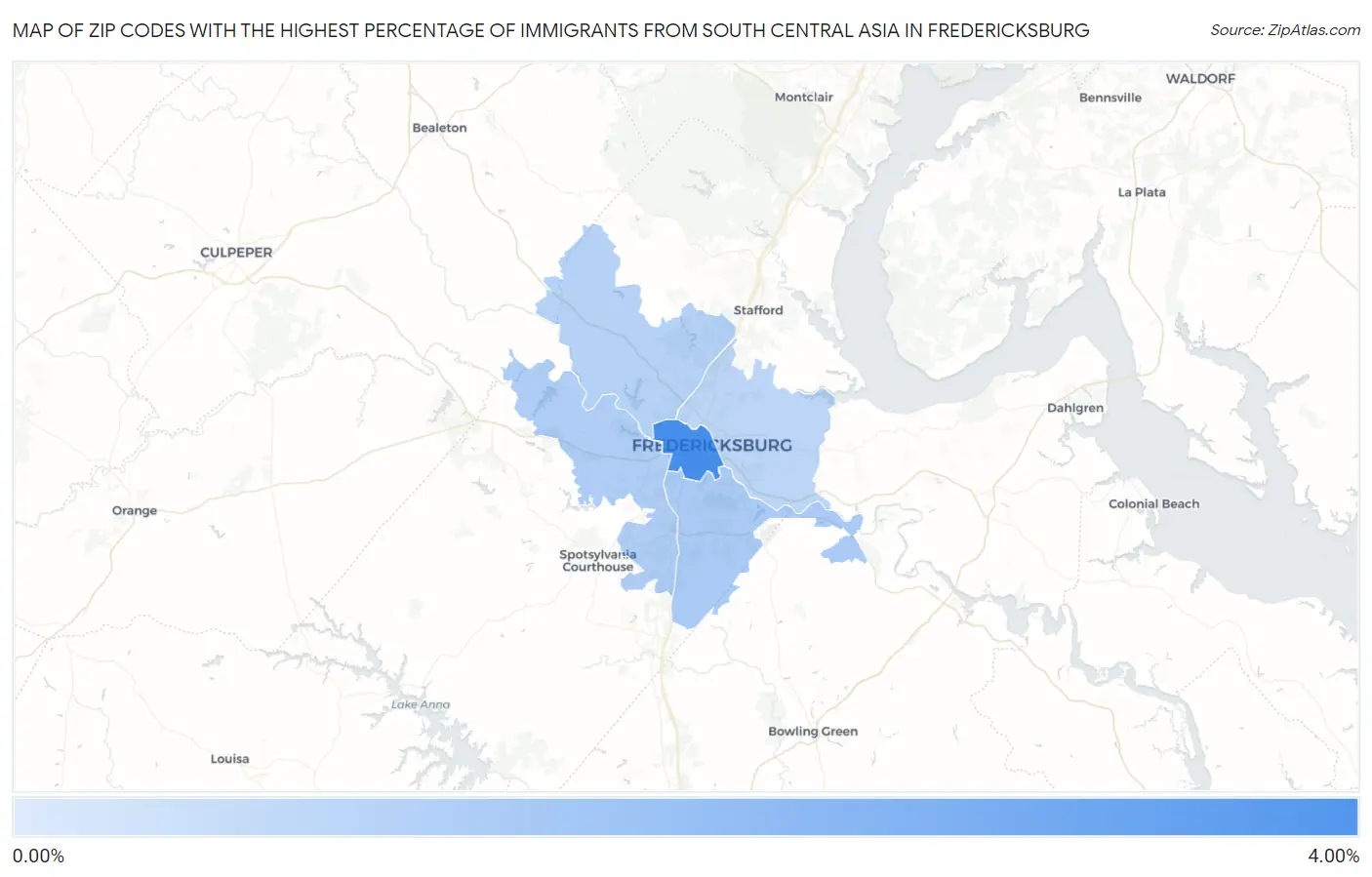 Zip Codes with the Highest Percentage of Immigrants from South Central Asia in Fredericksburg Map