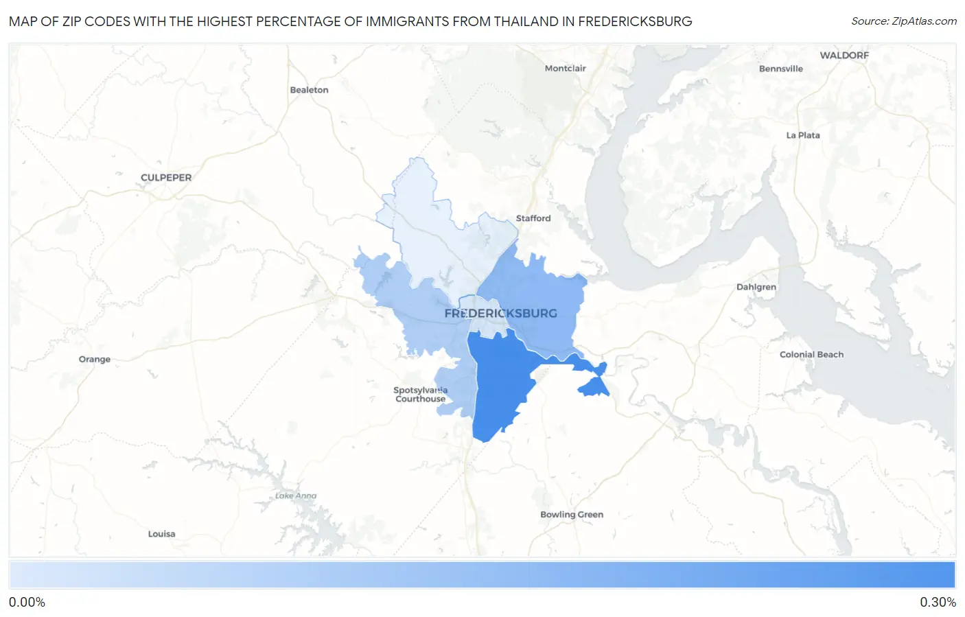 Zip Codes with the Highest Percentage of Immigrants from Thailand in Fredericksburg Map