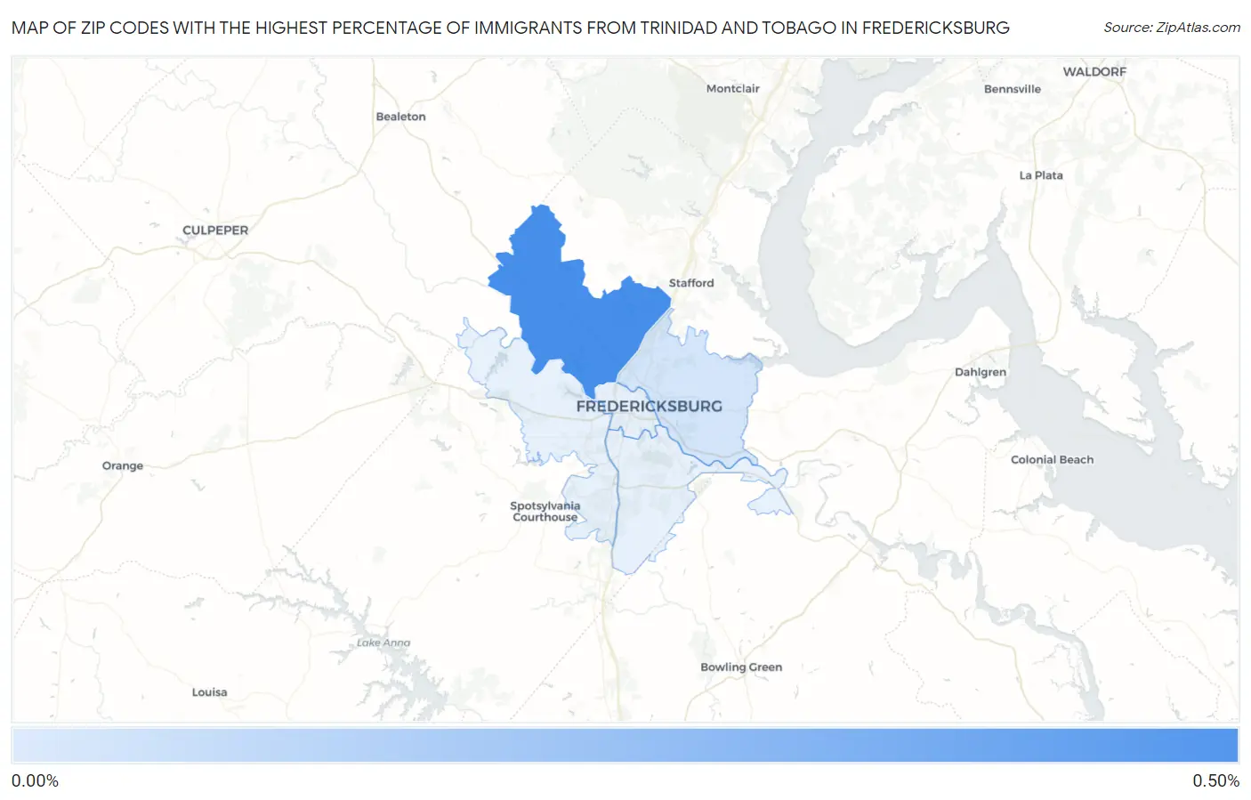 Zip Codes with the Highest Percentage of Immigrants from Trinidad and Tobago in Fredericksburg Map