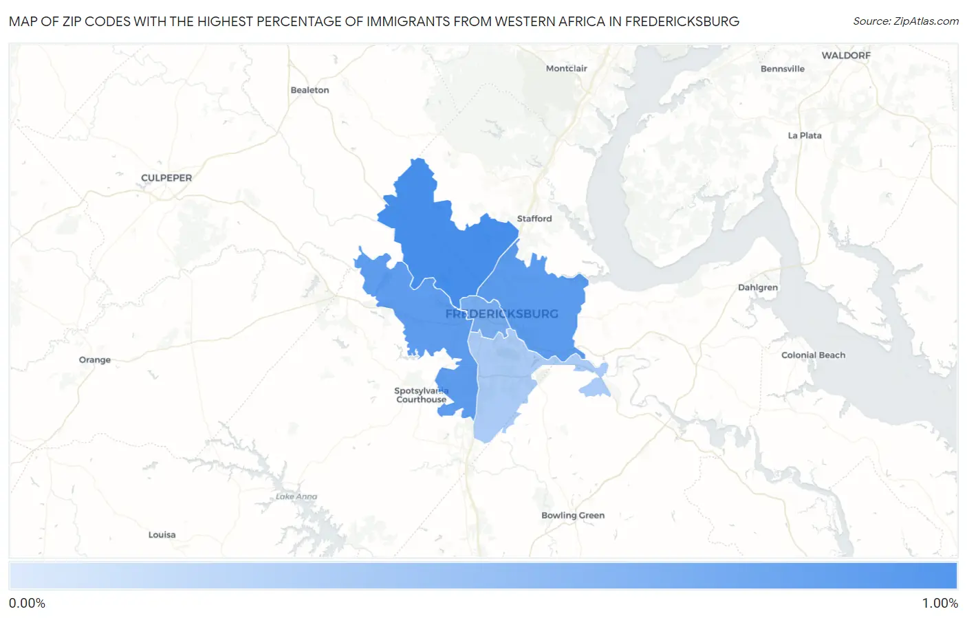 Zip Codes with the Highest Percentage of Immigrants from Western Africa in Fredericksburg Map