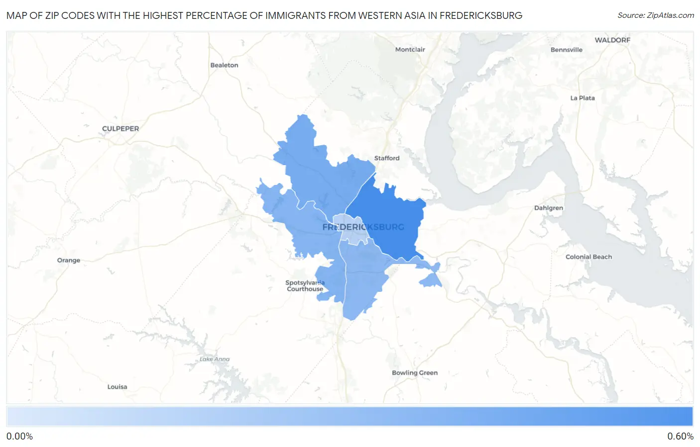 Zip Codes with the Highest Percentage of Immigrants from Western Asia in Fredericksburg Map