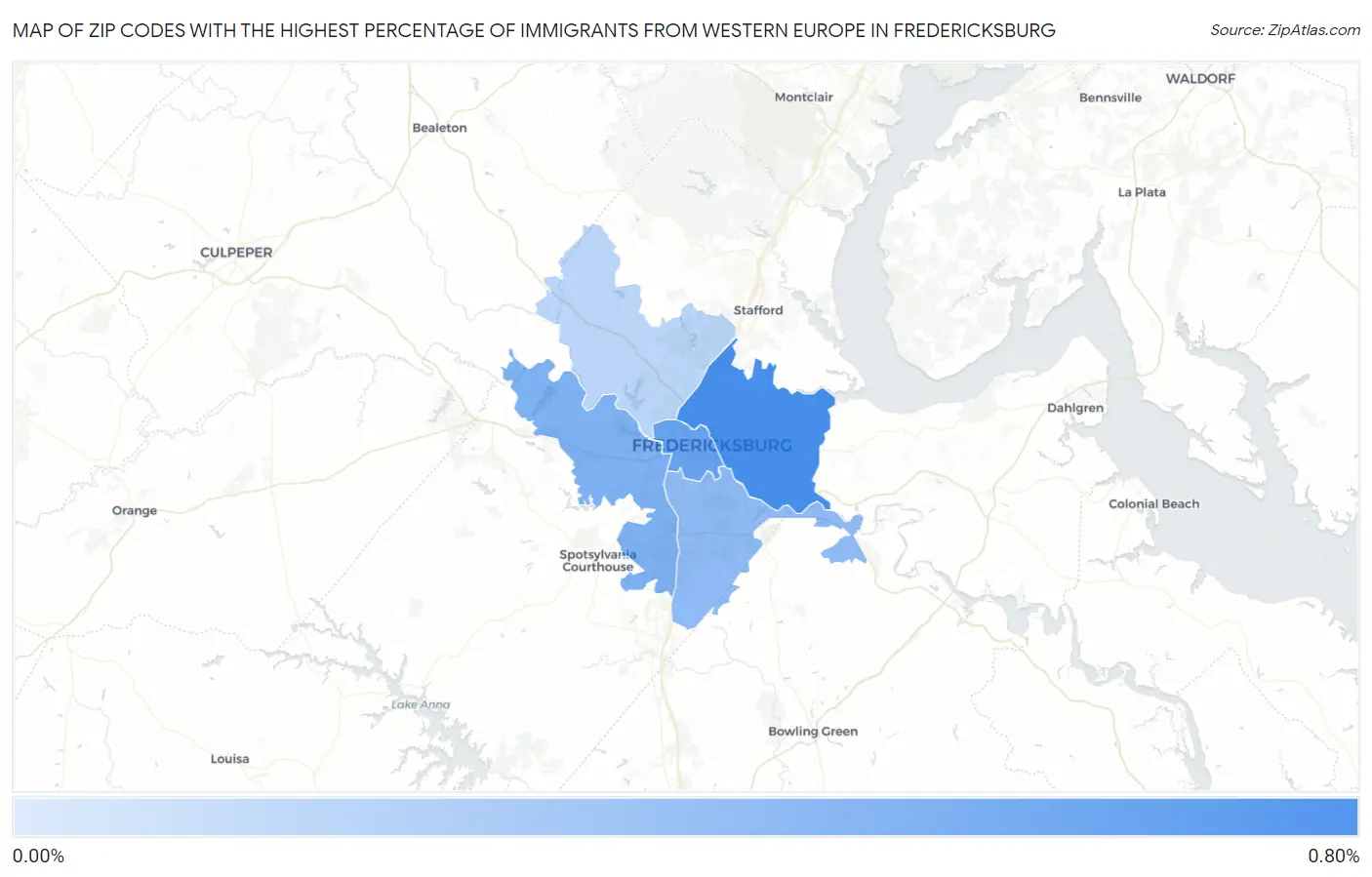 Zip Codes with the Highest Percentage of Immigrants from Western Europe in Fredericksburg Map