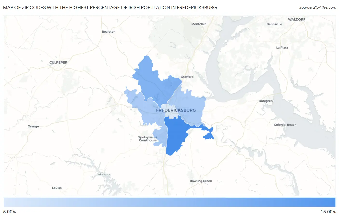 Zip Codes with the Highest Percentage of Irish Population in Fredericksburg Map
