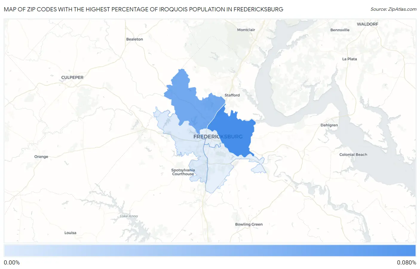Zip Codes with the Highest Percentage of Iroquois Population in Fredericksburg Map