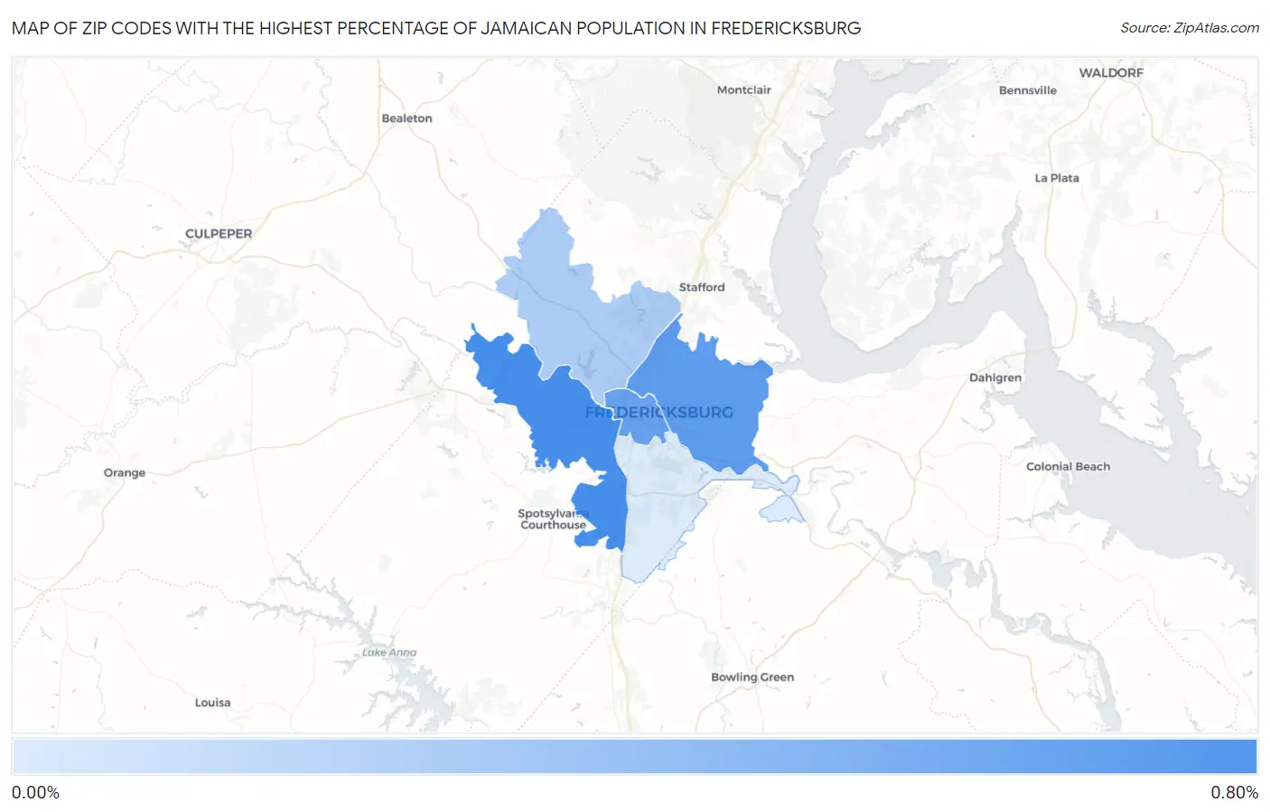 Zip Codes with the Highest Percentage of Jamaican Population in Fredericksburg Map