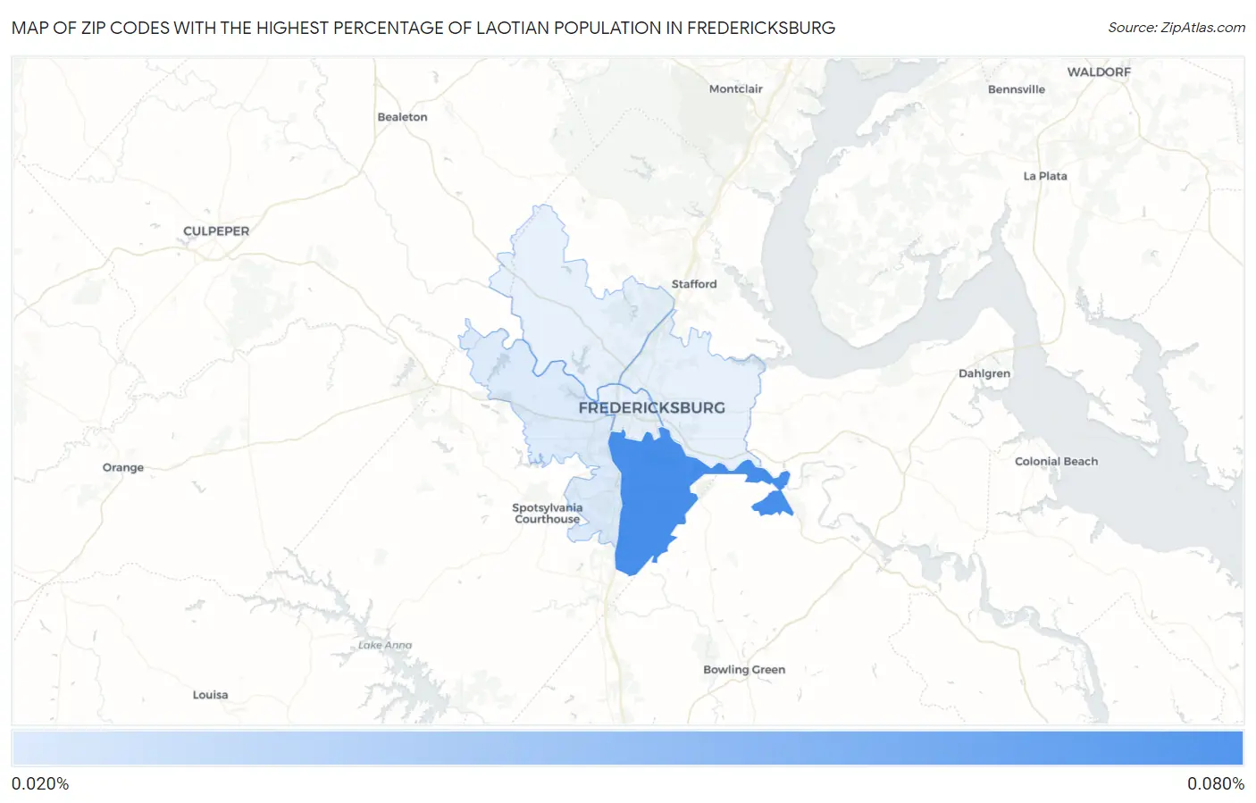 Zip Codes with the Highest Percentage of Laotian Population in Fredericksburg Map
