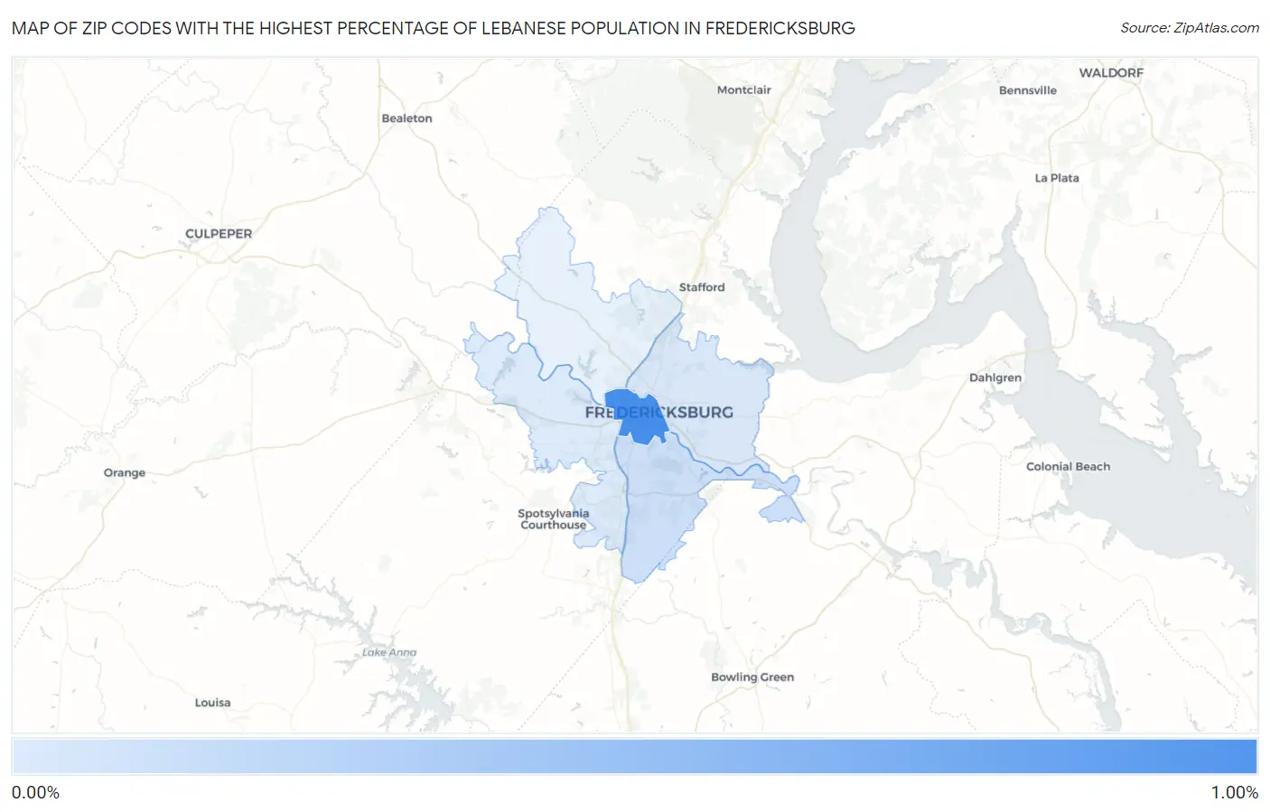 Zip Codes with the Highest Percentage of Lebanese Population in Fredericksburg Map