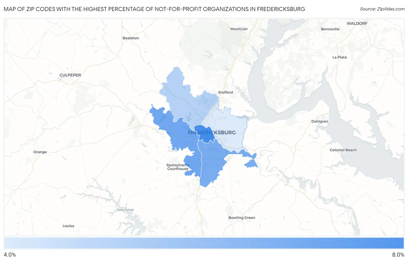 Zip Codes with the Highest Percentage of Not-for-profit Organizations in Fredericksburg Map